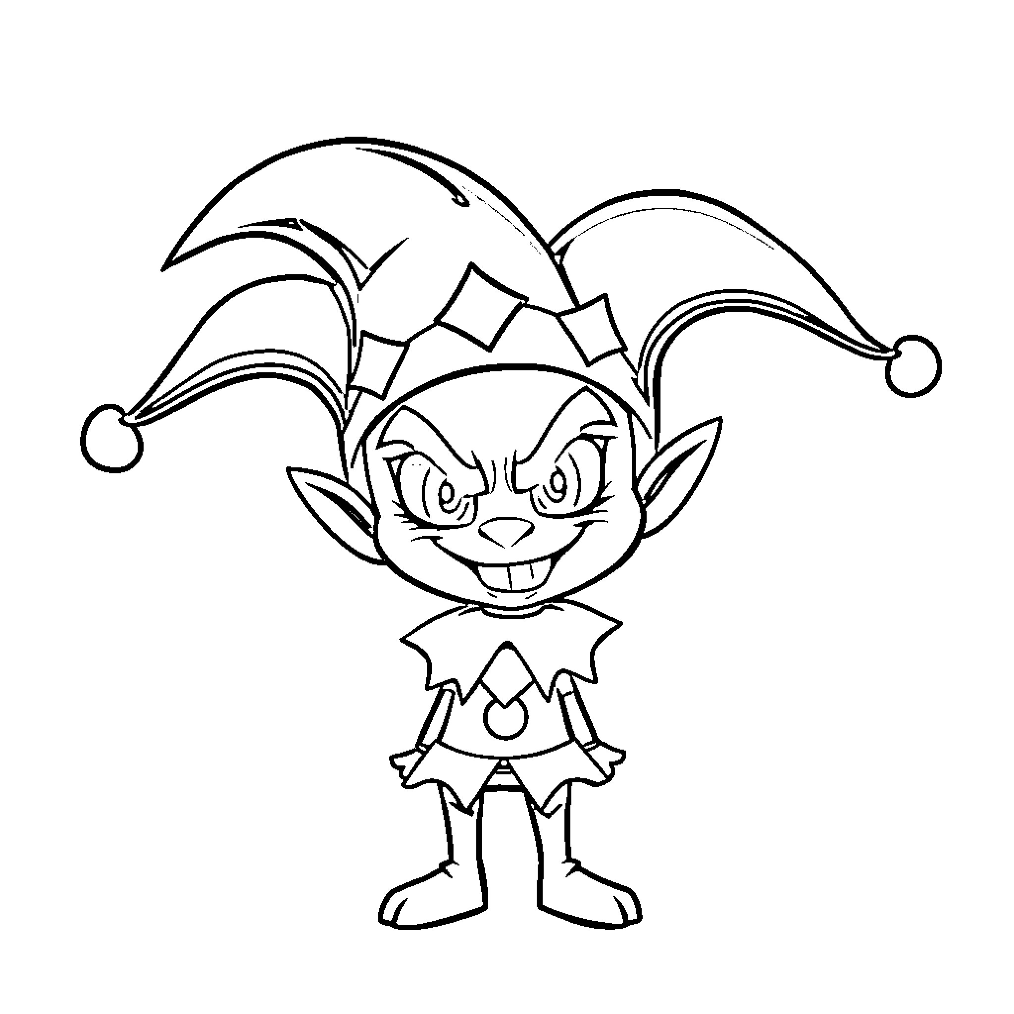 Kuromi in a mischievous jester outfit Coloring Page (free black-and-white line drawing printable PDF for all, from beginners to advanced learners, including children, teens, adults, and seniors)