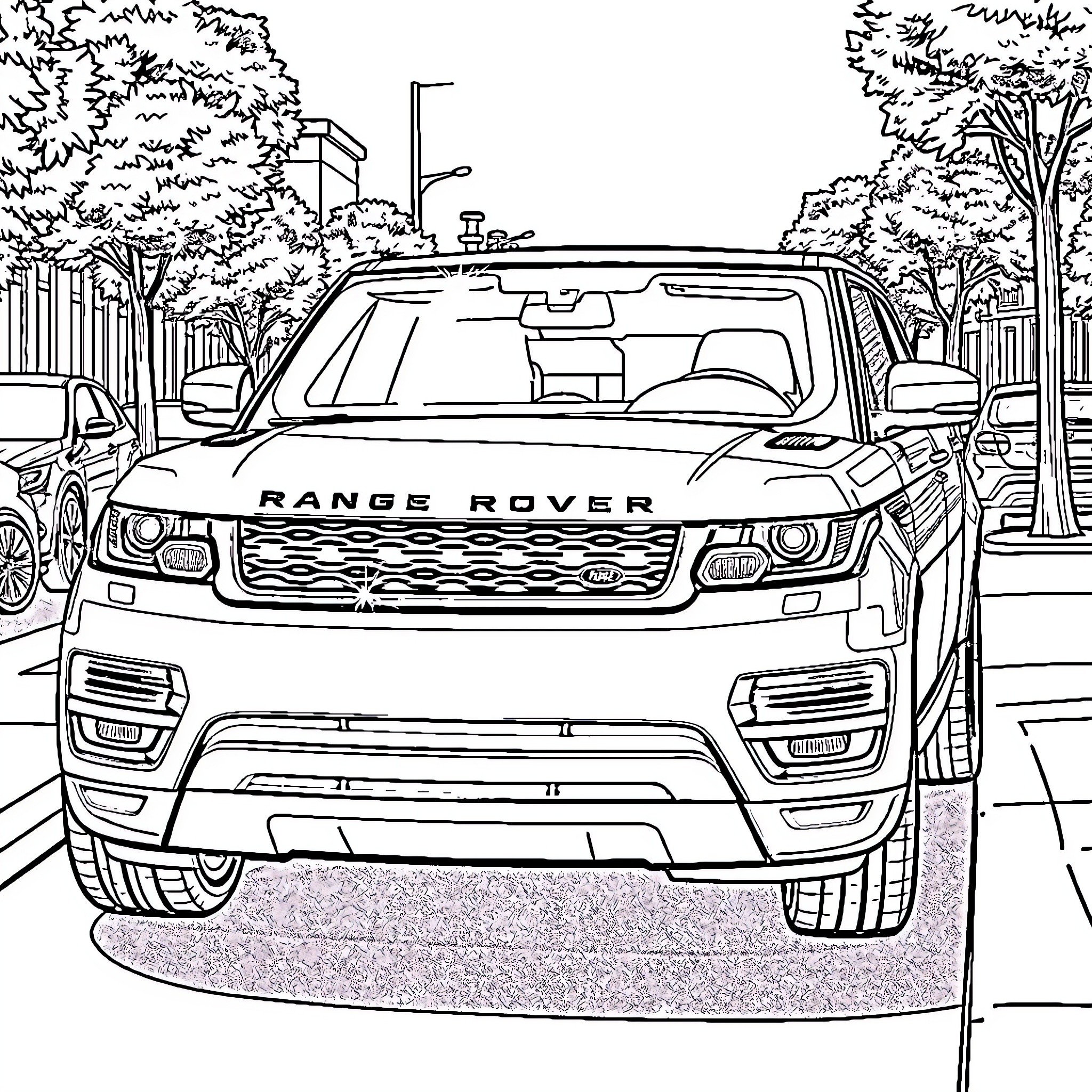 Car Parked on Suburban Street Coloring Page (free black-and-white line drawing printable PDF for all, from beginners to advanced learners, including children, teens, adults, and seniors)