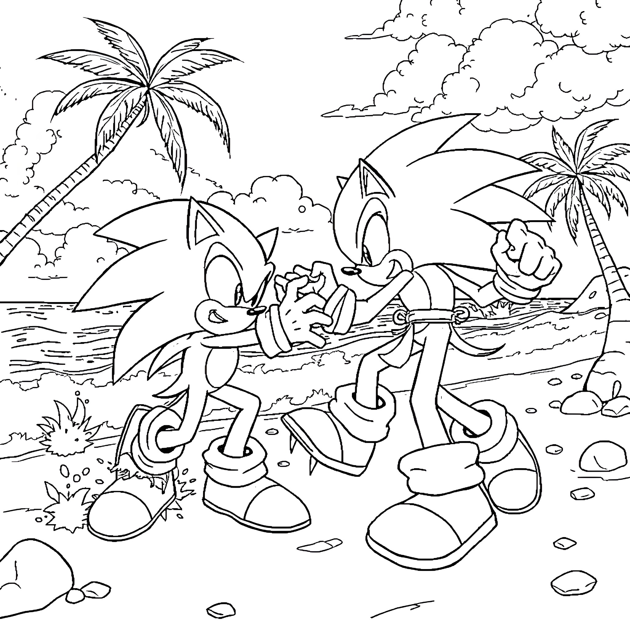 Sonic's tropical adventure with friends Coloring Page (free black-and-white line drawing printable PDF for all, from beginners to advanced learners, including children, teens, adults, and seniors)