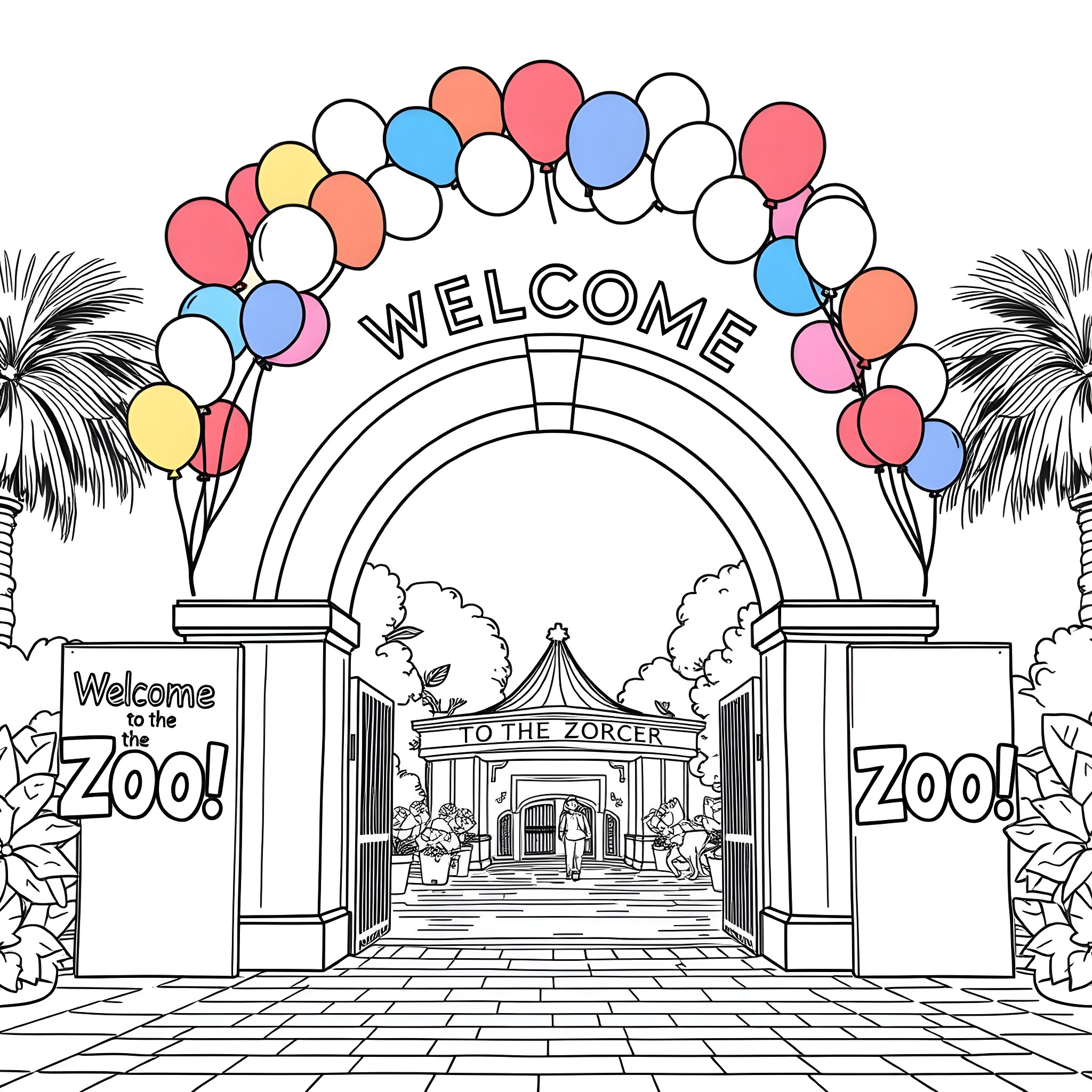 Zoo Entrance with Colorful Balloons and Welcoming Crowd Coloring Page (free black-and-white line drawing printable PDF for all, from beginners to advanced learners, including children, teens, adults, and seniors)