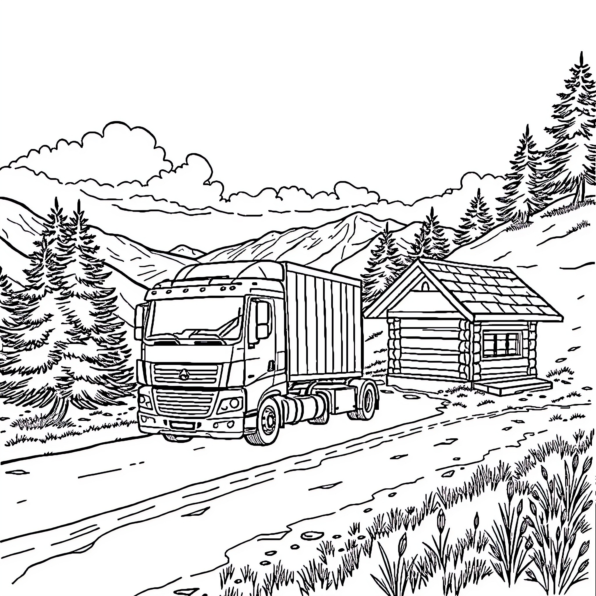 Camion transporting cargo through scenic mountain landscape Coloring Page (free black-and-white line drawing printable PDF for all, from beginners to advanced learners, including children, teens, adults, and seniors)