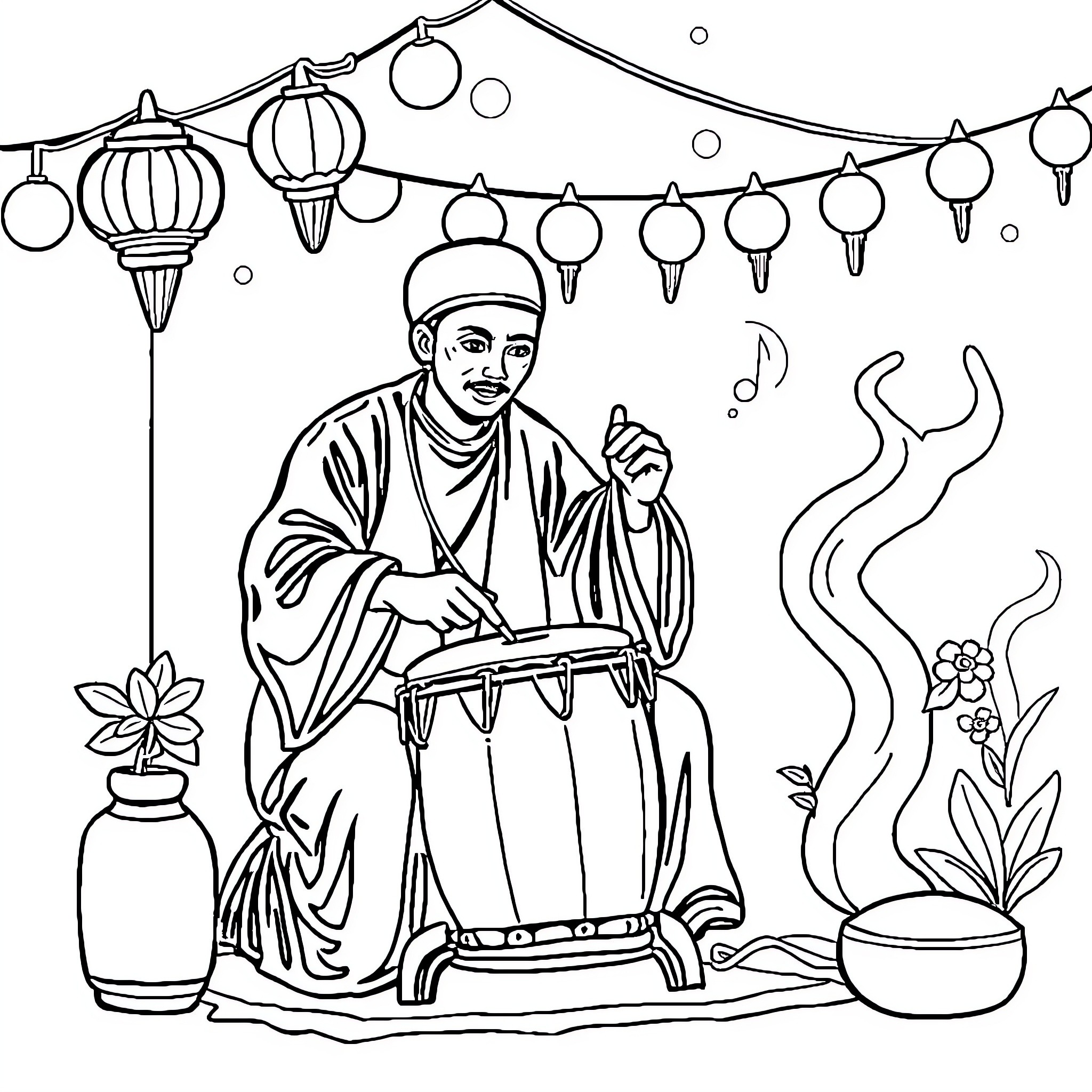 Tung playing music under festive lanterns Coloring Page (free black-and-white line drawing printable PDF for all, from beginners to advanced learners, including children, teens, adults, and seniors)
