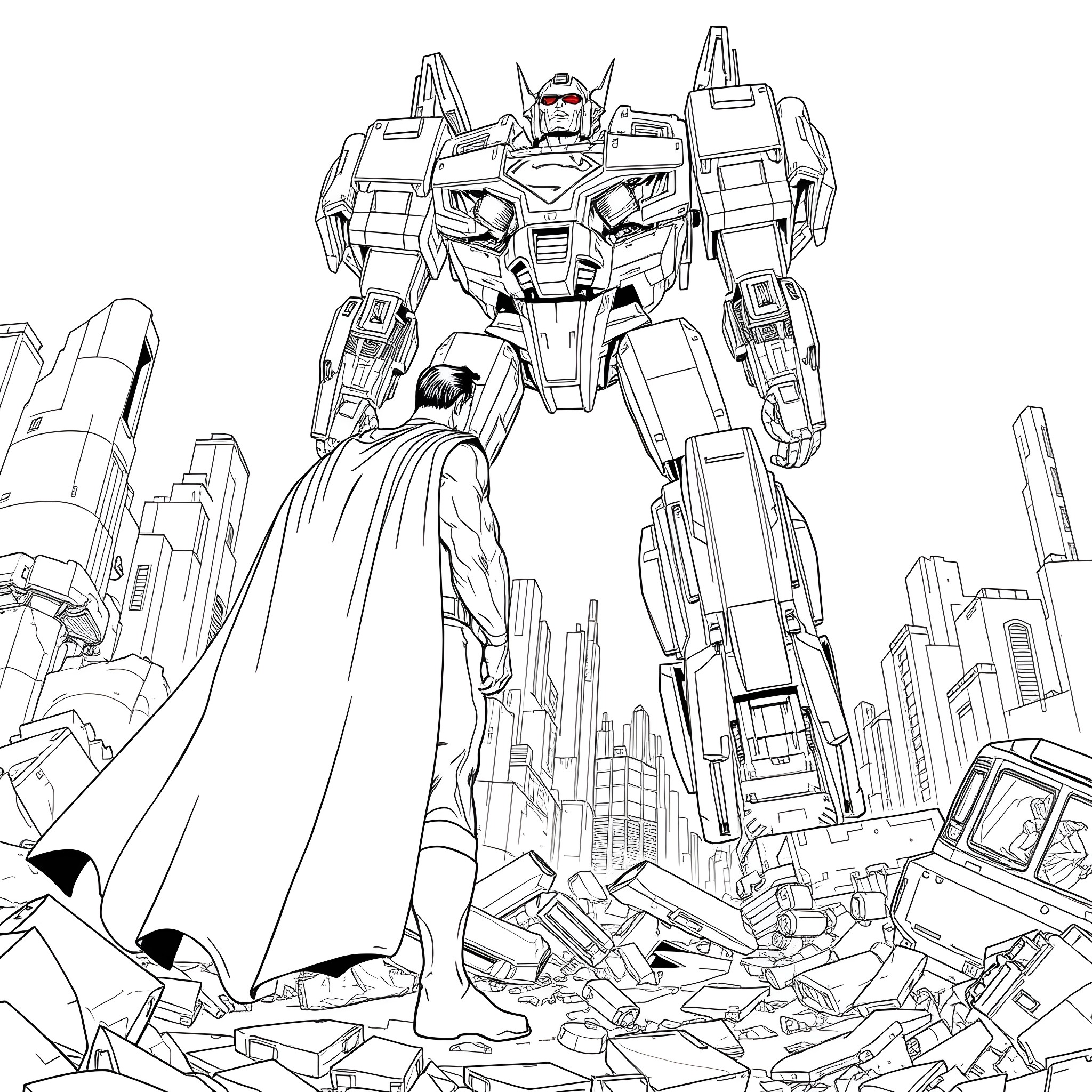 Superman Heroically Stands Amidst Destroyed City Coloring Page (free black-and-white line drawing printable PDF for all, from beginners to advanced learners, including children, teens, adults, and seniors)