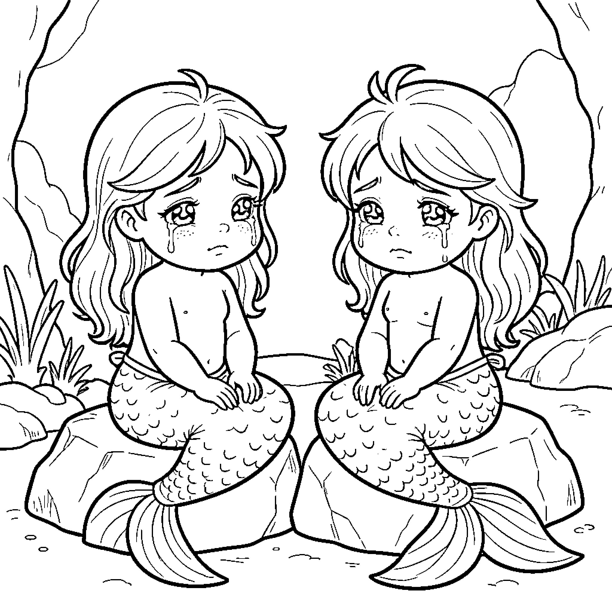 Mermaid twins sitting sadly on rocks Coloring Page (free black-and-white line drawing printable PDF for all, from beginners to advanced learners, including children, teens, adults, and seniors)