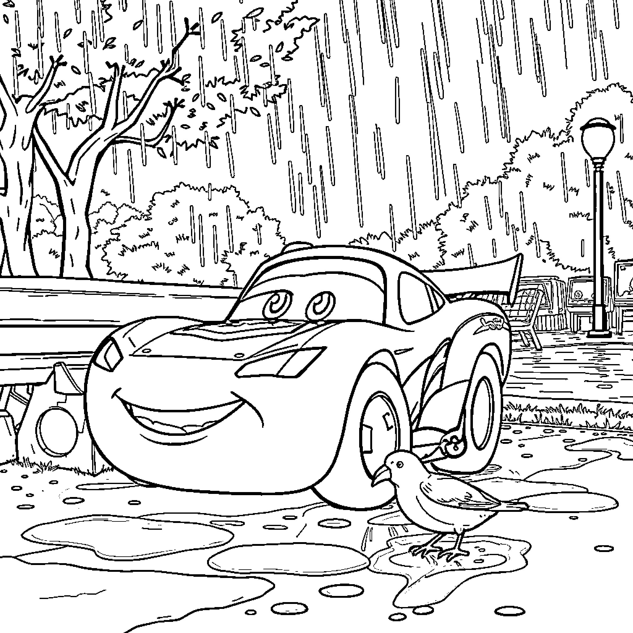 Lightning McQueen in rainy car scene with bird Coloring Page (free black-and-white line drawing printable PDF for all, from beginners to advanced learners, including children, teens, adults, and seniors)