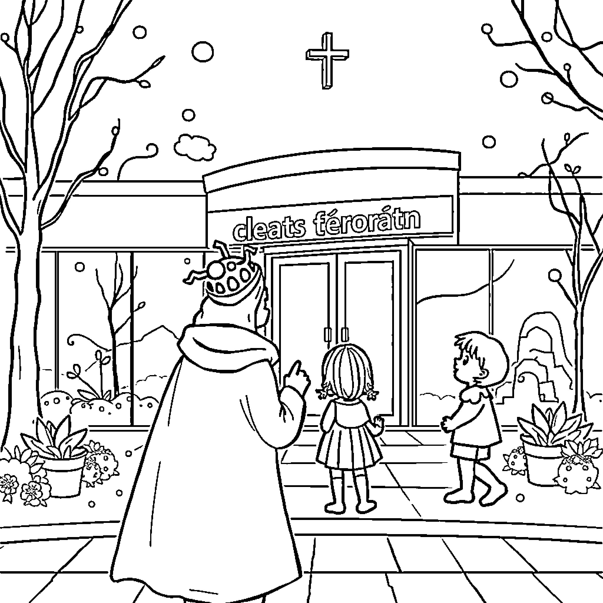 Princess Visiting a Religious Building Coloring Page (free black-and-white line drawing printable PDF for all, from beginners to advanced learners, including children, teens, adults, and seniors)