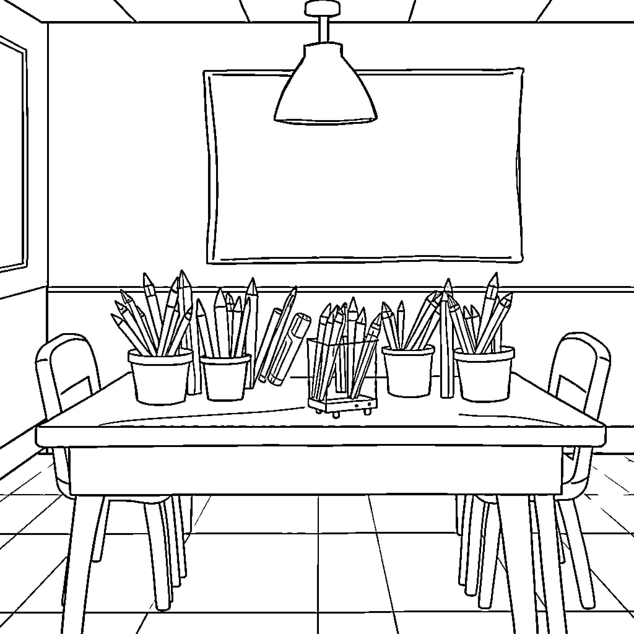 Cubes of colored pencils on a table in a room Coloring Page (free black-and-white line drawing printable PDF for all, from beginners to advanced learners, including children, teens, adults, and seniors)