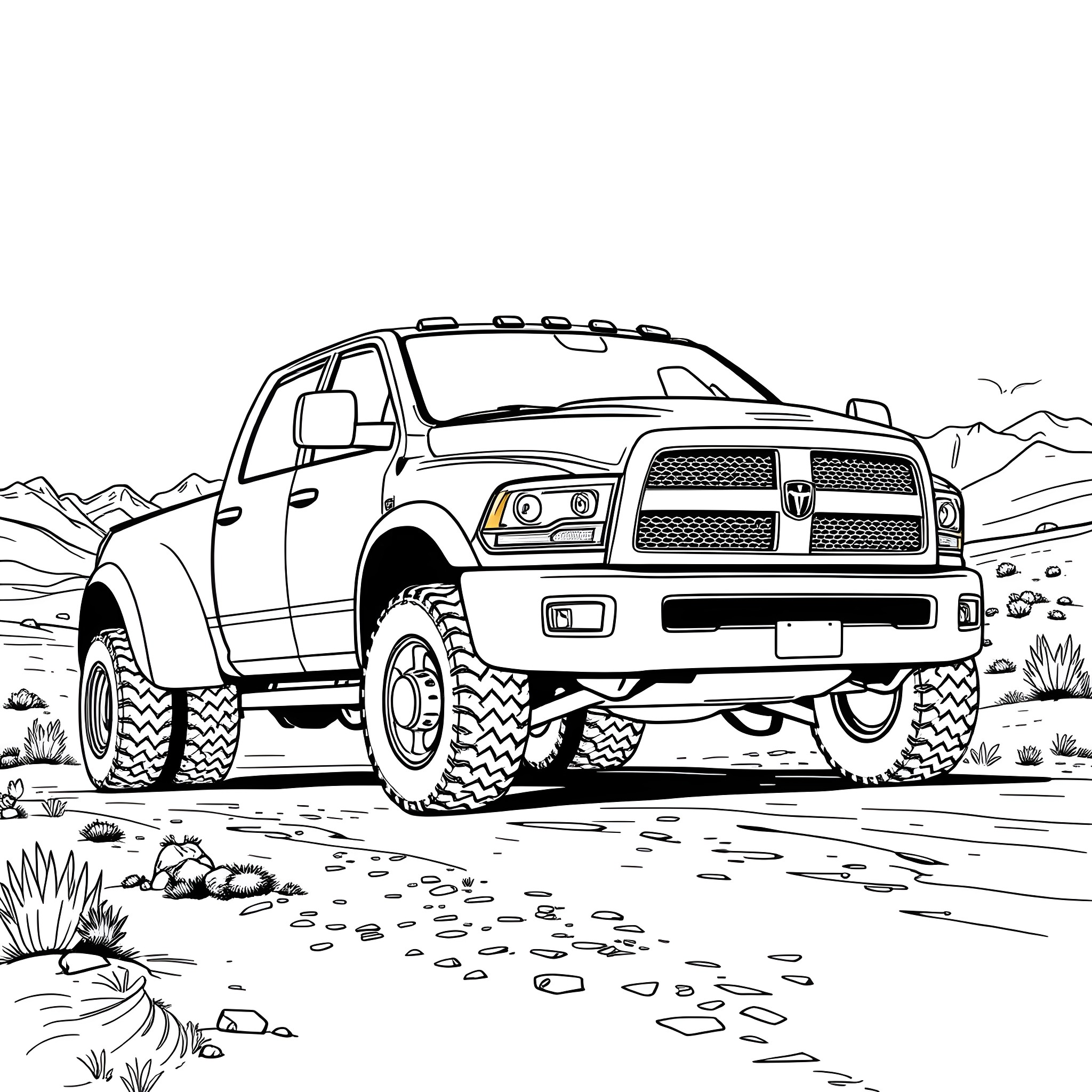 Dodge Dually off-road adventure in the mountains Coloring Page (free black-and-white line drawing printable PDF for all, from beginners to advanced learners, including children, teens, adults, and seniors)