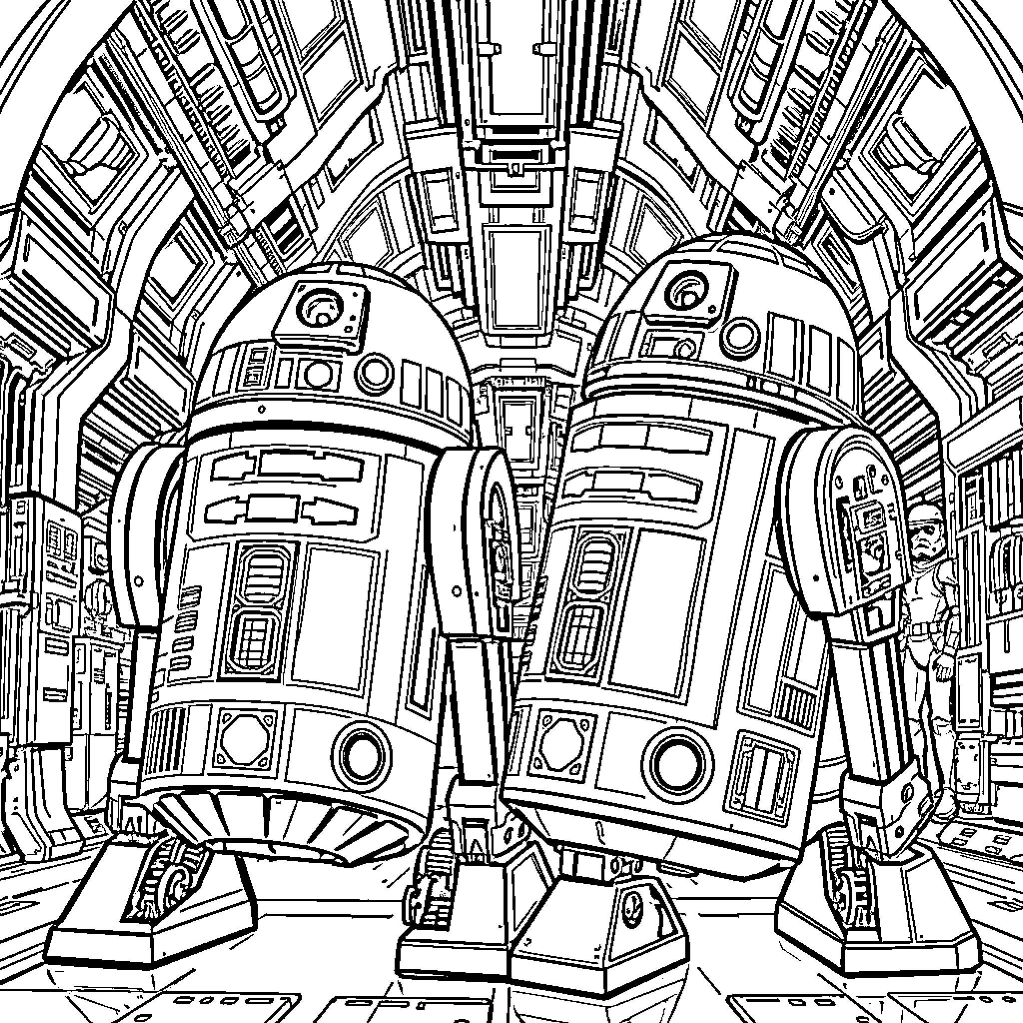 Astromech droids in a futuristic spacecraft interior Coloring Page (free black-and-white line drawing printable PDF for all, from beginners to advanced learners, including children, teens, adults, and seniors)
