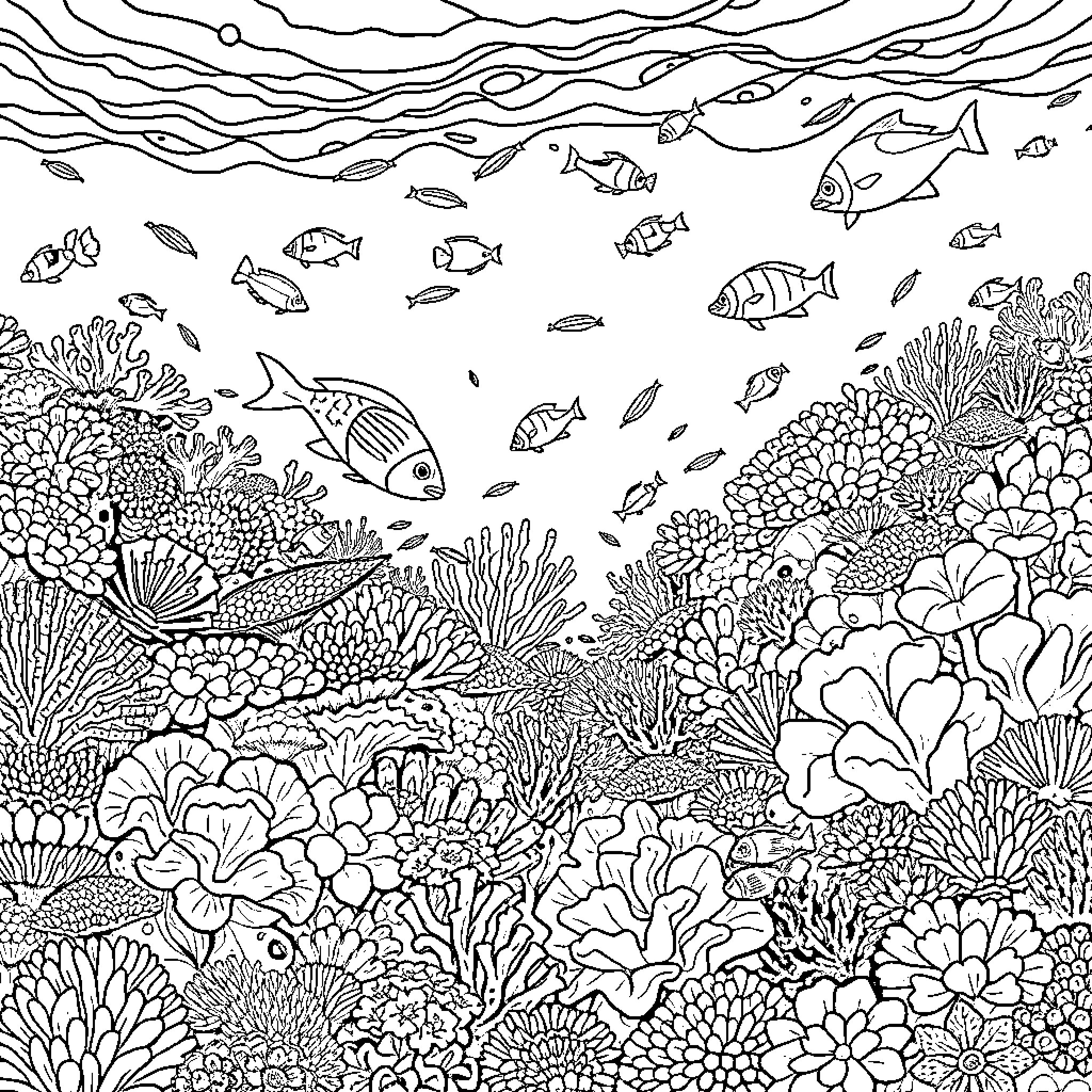 Coral Garden Teeming with Vibrant Marine Life Coloring Page (free black-and-white line drawing printable PDF for all, from beginners to advanced learners, including children, teens, adults, and seniors)