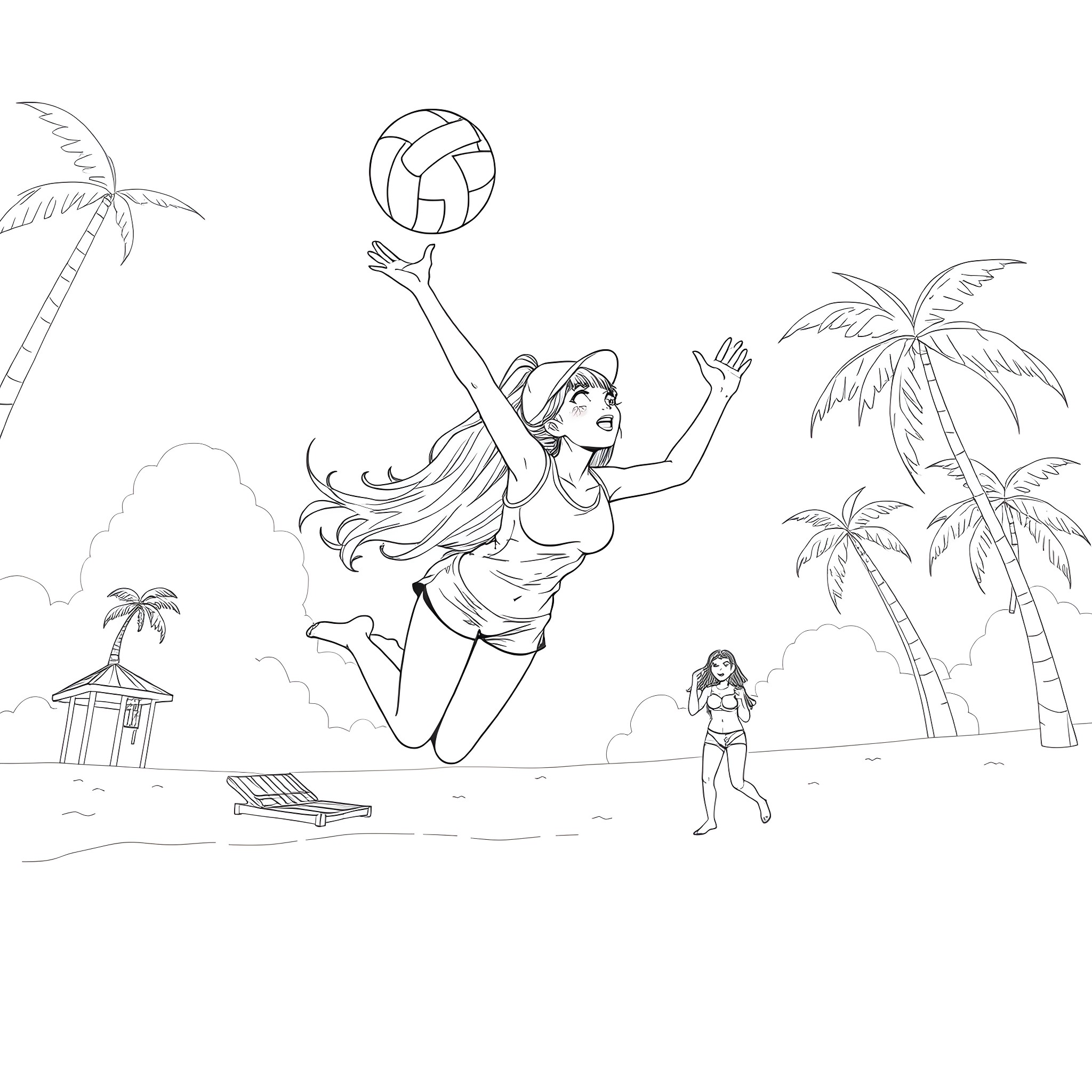 Nami playing beachside volleyball with friends Coloring Page (free black-and-white line drawing printable PDF for all, from beginners to advanced learners, including children, teens, adults, and seniors)