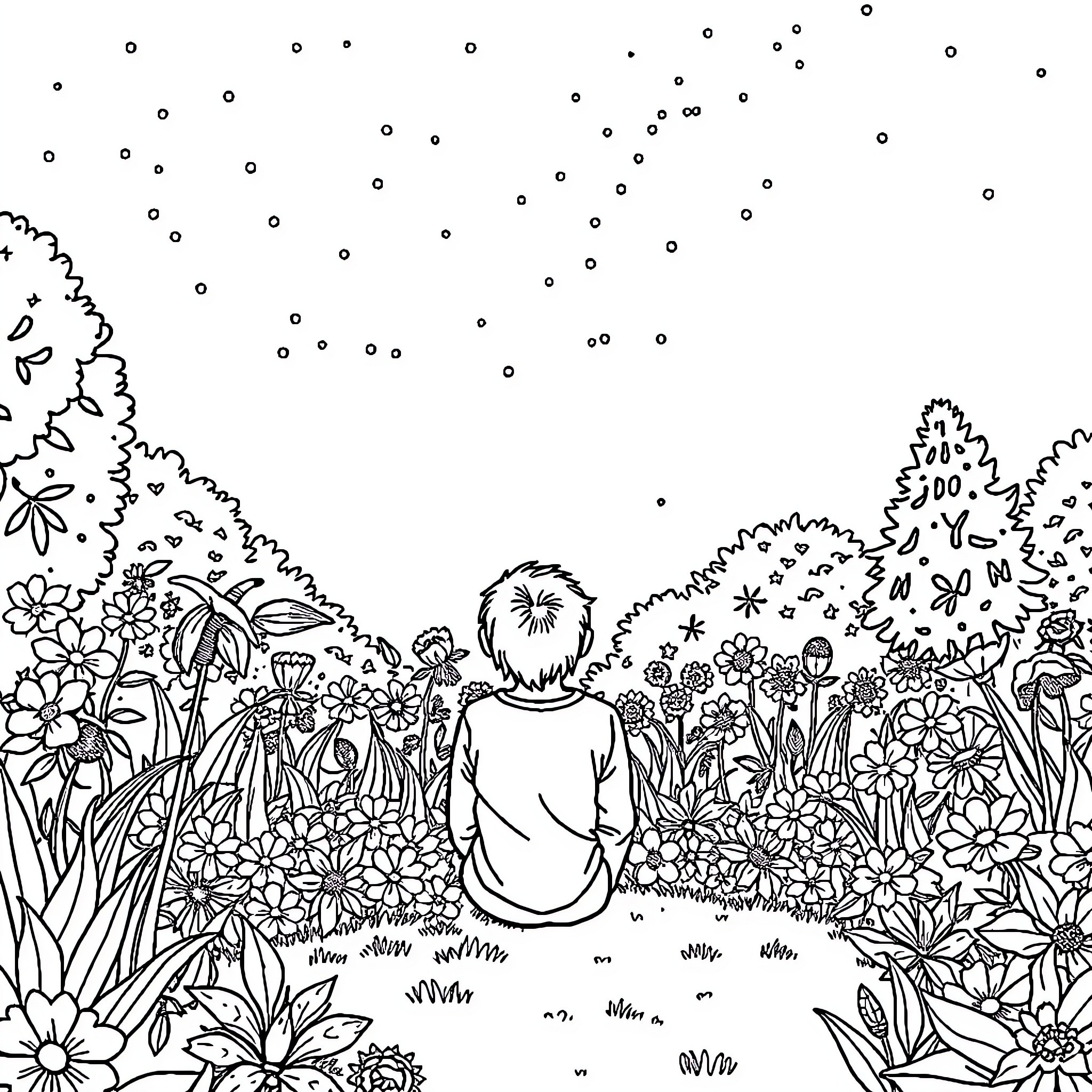 Diagram of a person in a floral garden Coloring Page (free black-and-white line drawing printable PDF for all, from beginners to advanced learners, including children, teens, adults, and seniors)