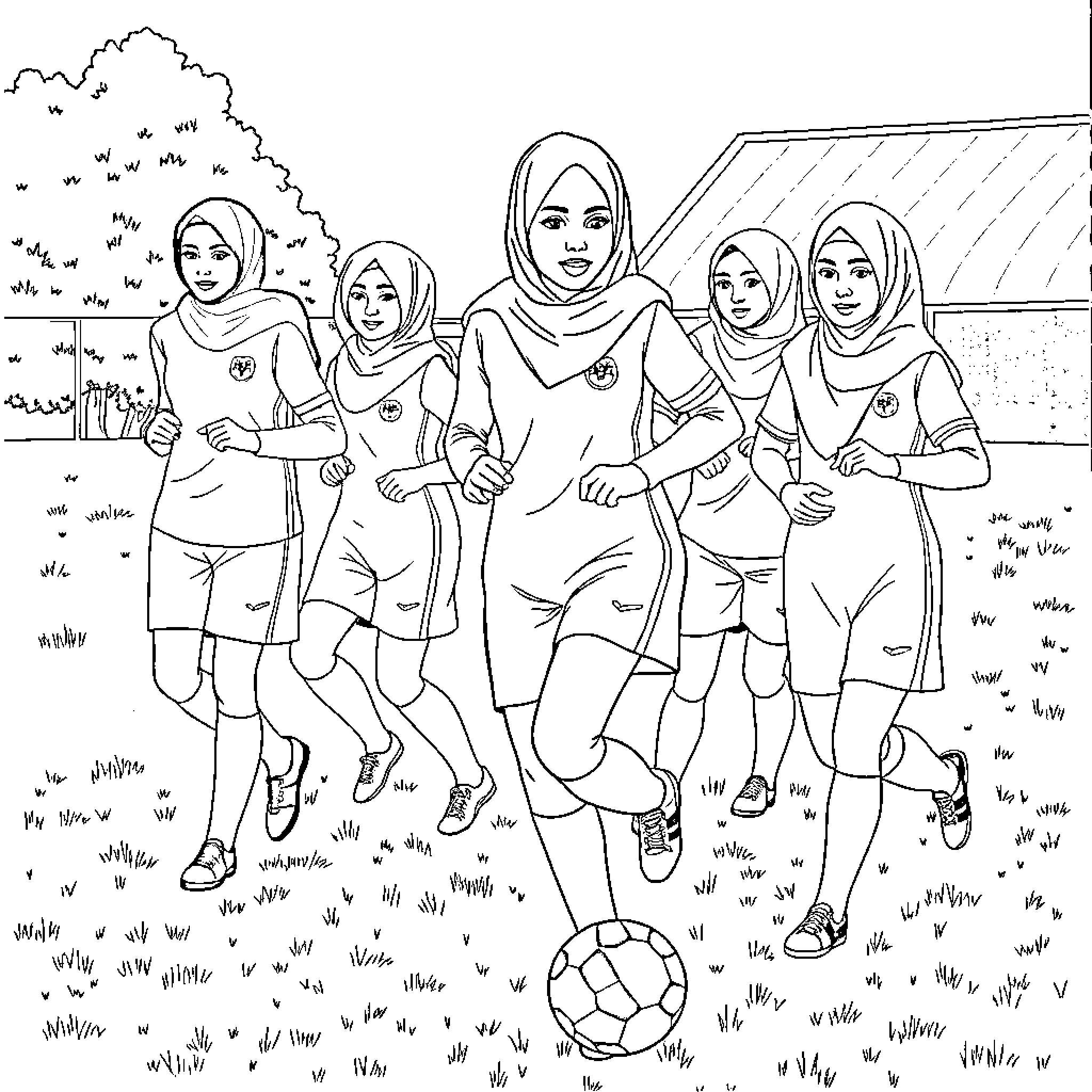 Girl soccer players in uniform walking on field Coloring Page (free black-and-white line drawing printable PDF for all, from beginners to advanced learners, including children, teens, adults, and seniors)