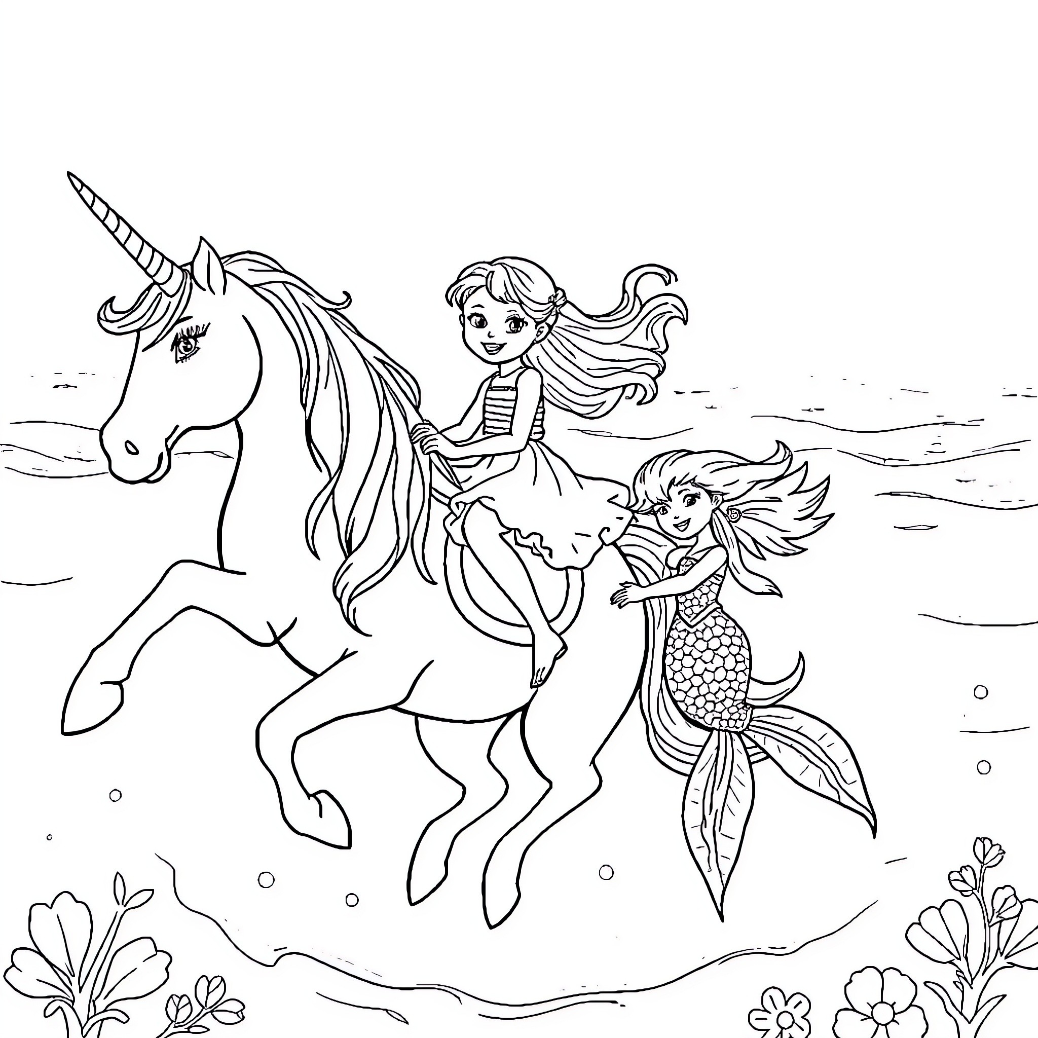 Girl rides unicorn with mermaid friend in underwater scene Coloring Page (free black-and-white line drawing printable PDF for all, from beginners to advanced learners, including children, teens, adults, and seniors)