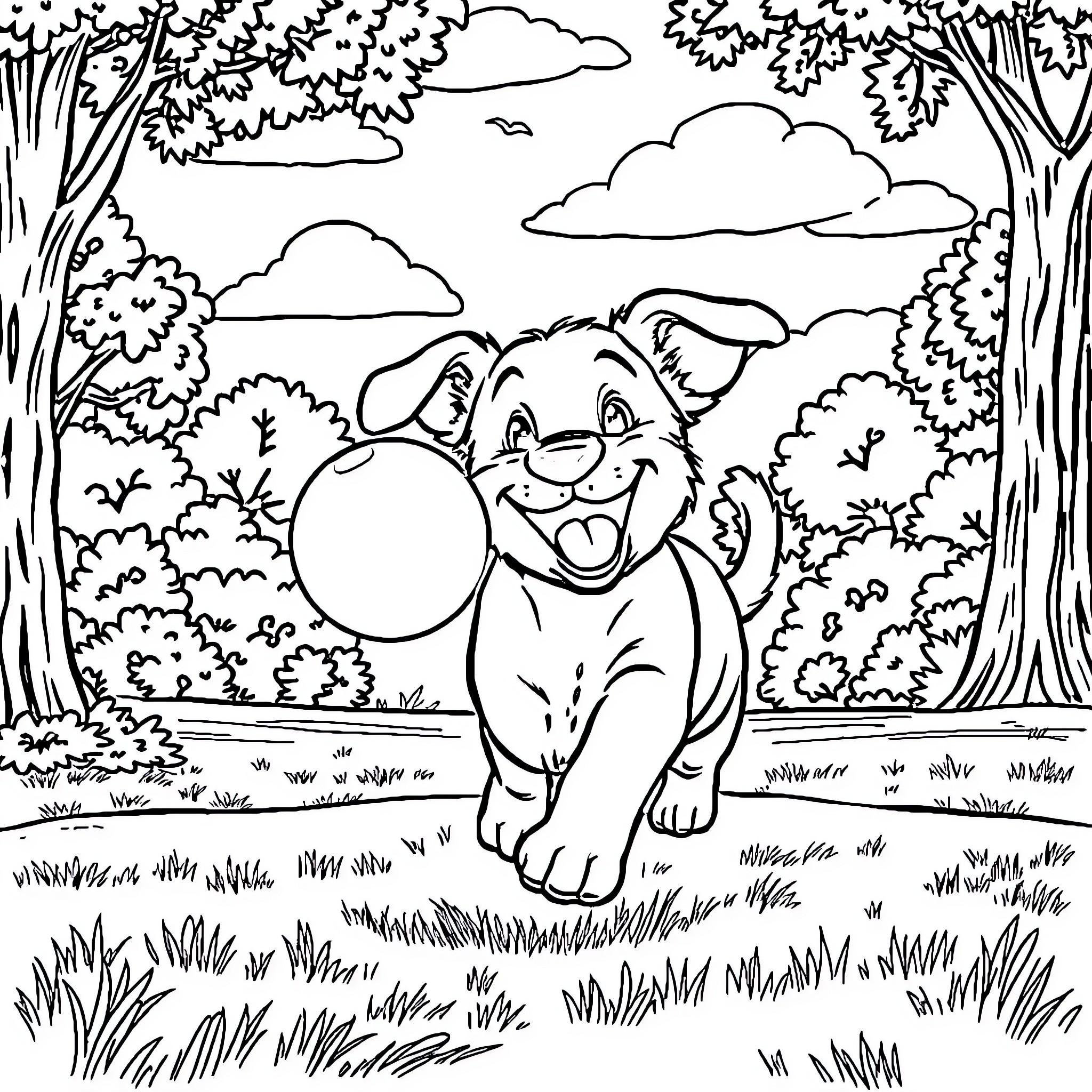 Puppy playing joyfully in a forest setting Coloring Page (free black-and-white line drawing printable PDF for all, from beginners to advanced learners, including children, teens, adults, and seniors)