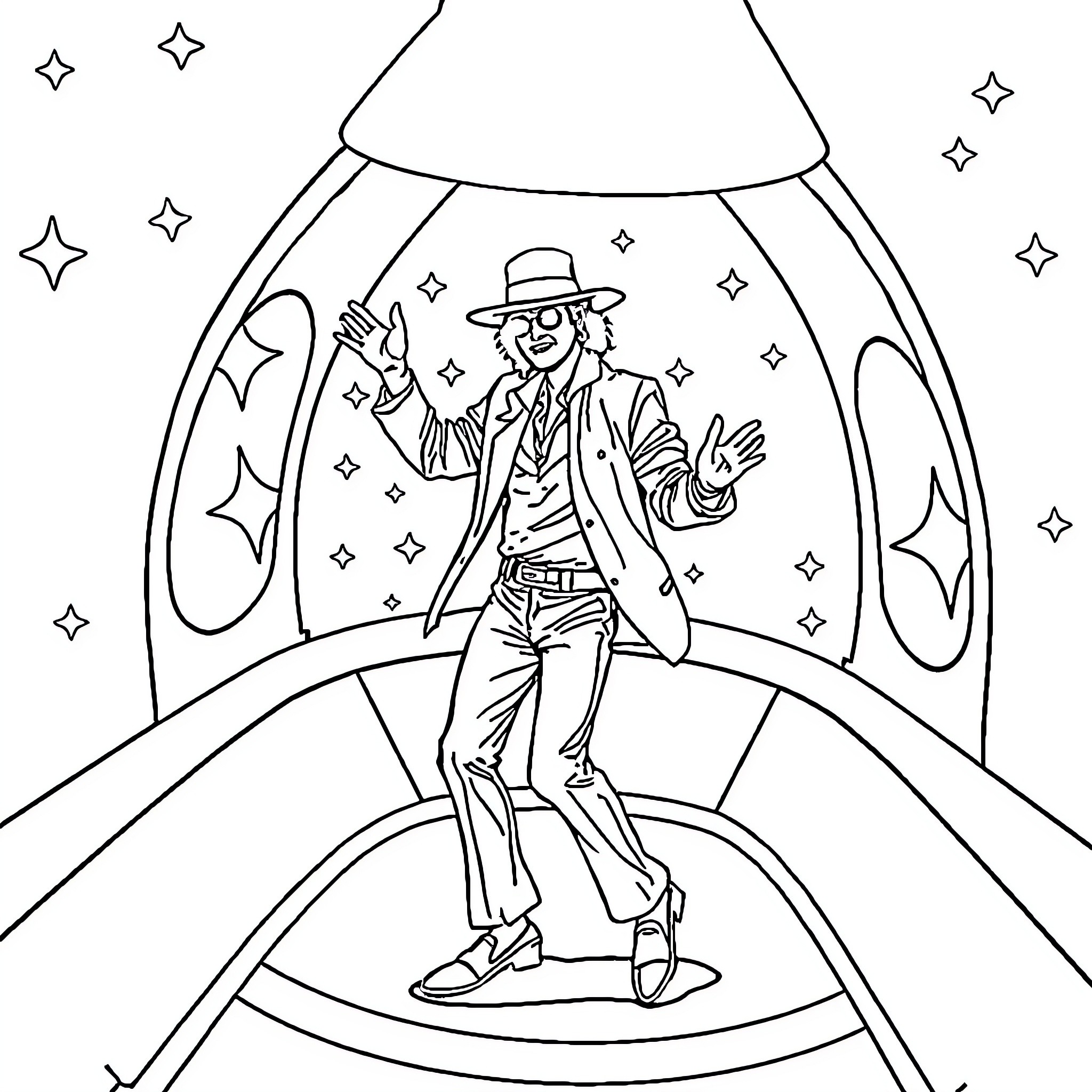 Michael Jackson Performing on Stage with Sparkles Coloring Page (free black-and-white line drawing printable PDF for all, from beginners to advanced learners, including children, teens, adults, and seniors)