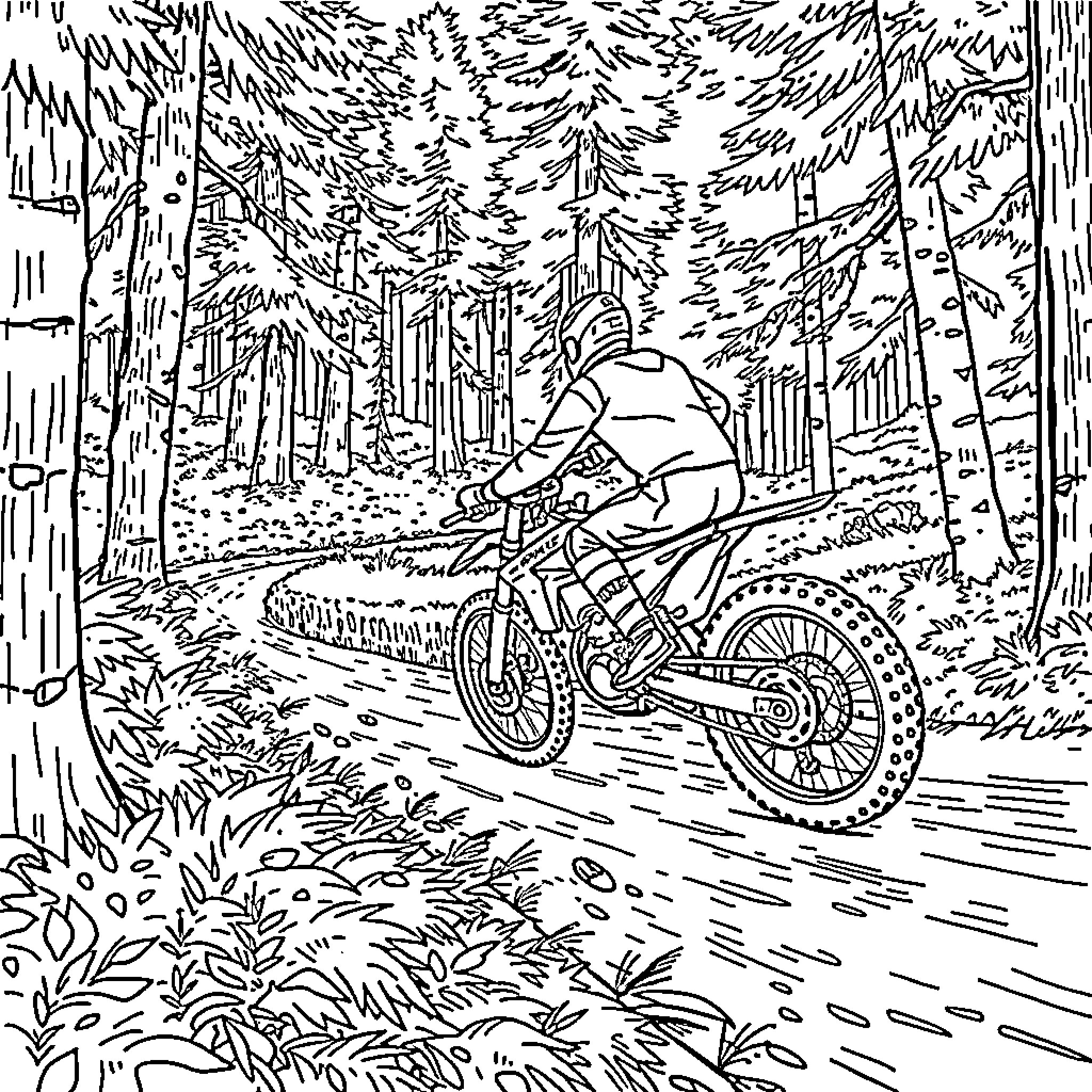Enduro Bike Rider Navigating Through Rugged Forest Trail Coloring Page (free black-and-white line drawing printable PDF for all, from beginners to advanced learners, including children, teens, adults, and seniors)
