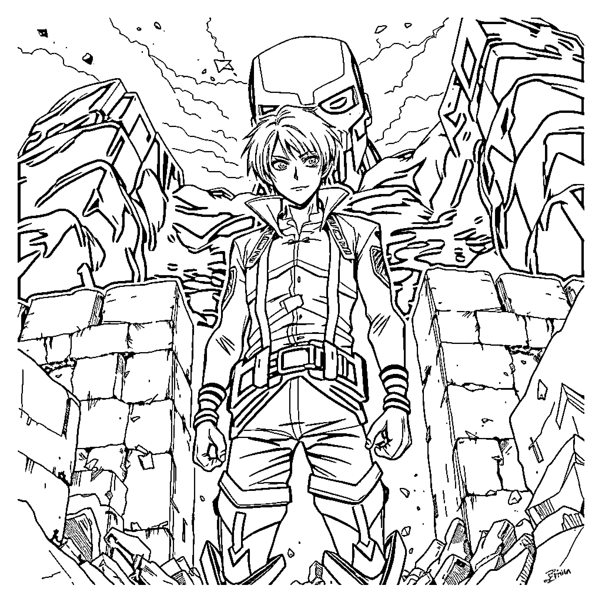 Eren Yeager in epic battle stance among ruins Coloring Page (free black-and-white line drawing printable PDF for all, from beginners to advanced learners, including children, teens, adults, and seniors)