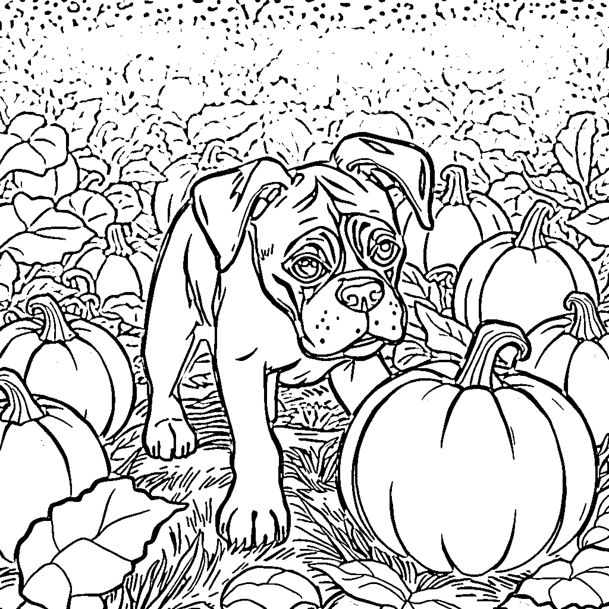 Boxer dog exploring pumpkin patch Coloring Page (free black-and-white line drawing printable PDF for all, from beginners to advanced learners, including children, teens, adults, and seniors)
