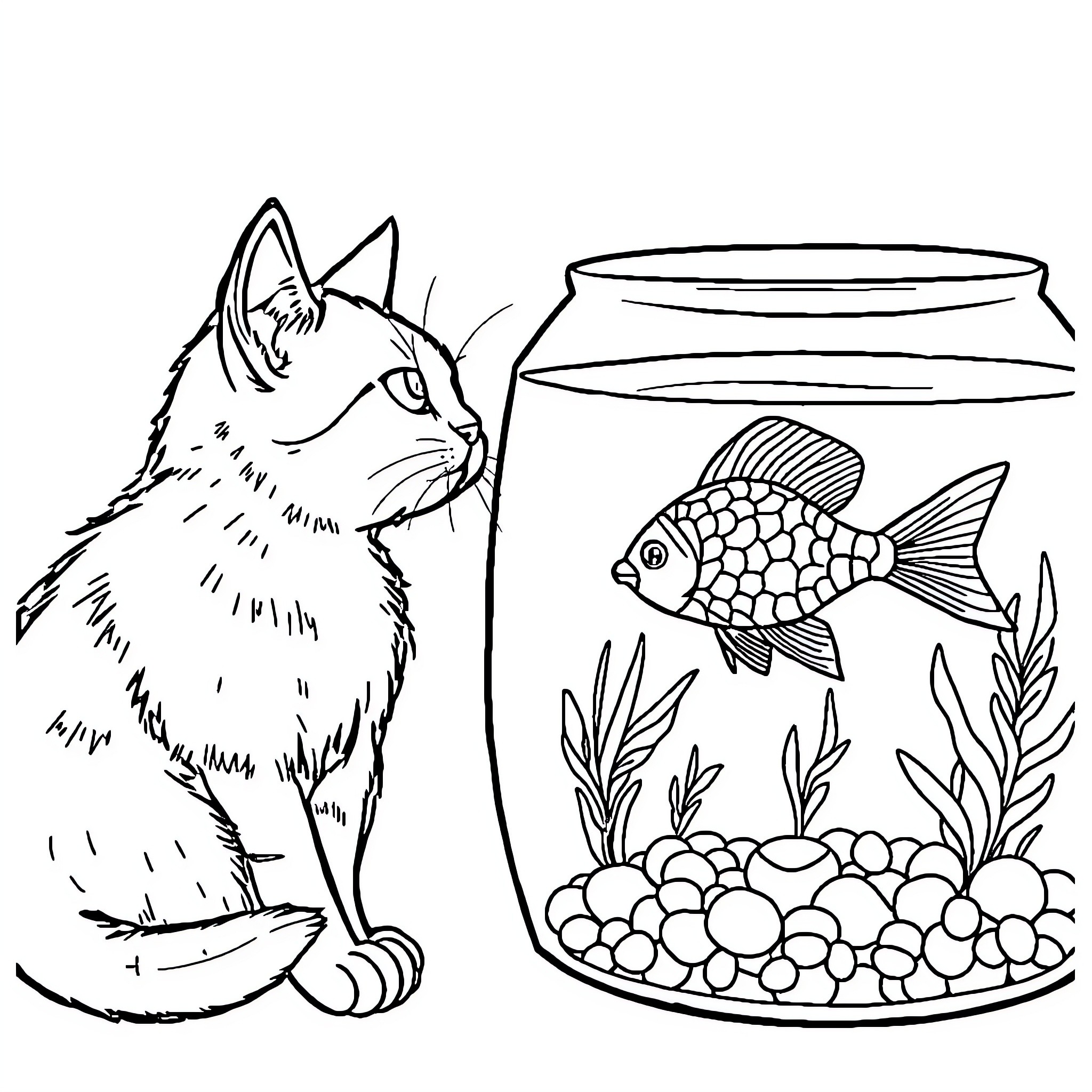 Fish and Feline Companions in Aquarium Coloring Page (free black-and-white line drawing printable PDF for all, from beginners to advanced learners, including children, teens, adults, and seniors)