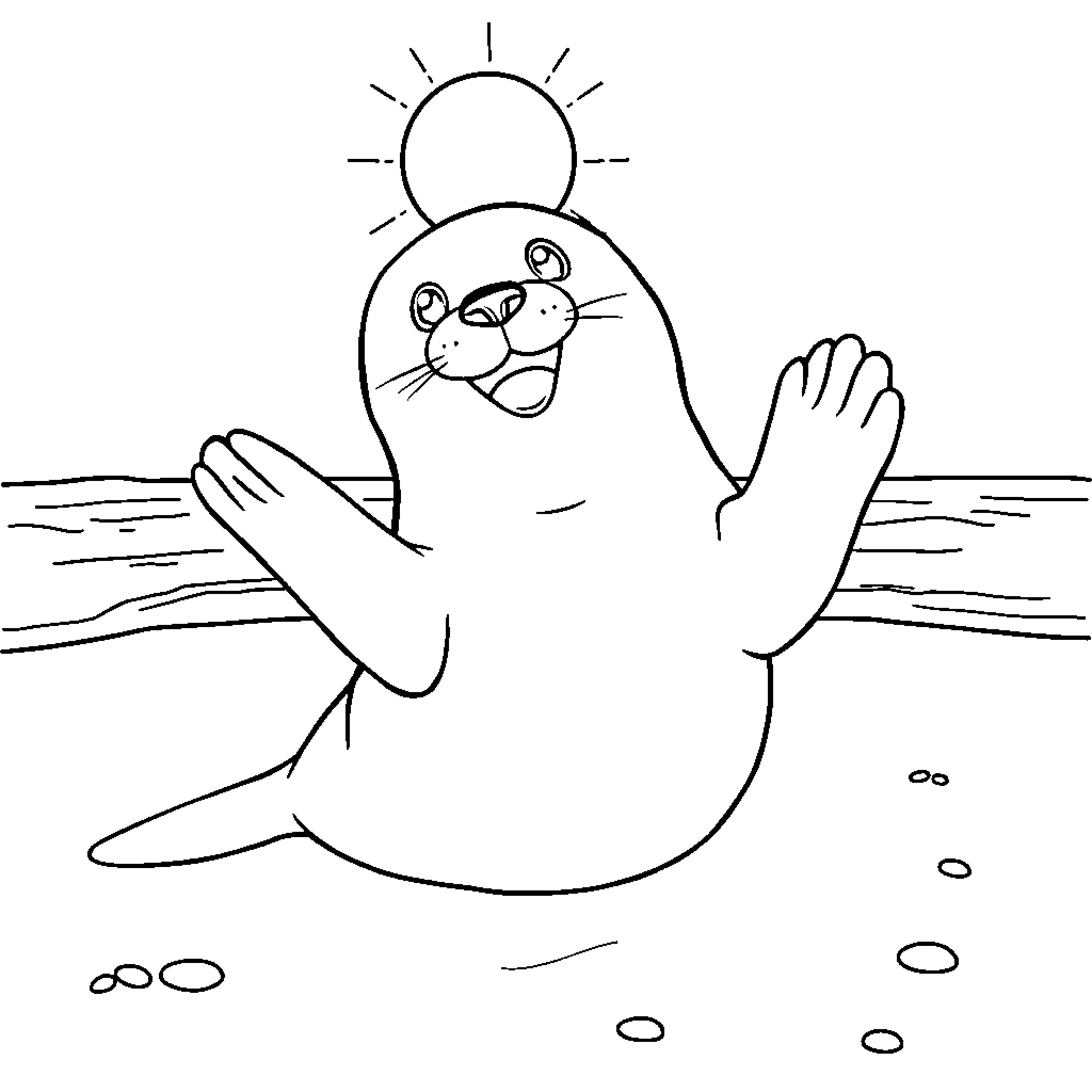 Seal enjoying the sun on the beach Coloring Page (free black-and-white line drawing printable PDF for all, from beginners to advanced learners, including children, teens, adults, and seniors)