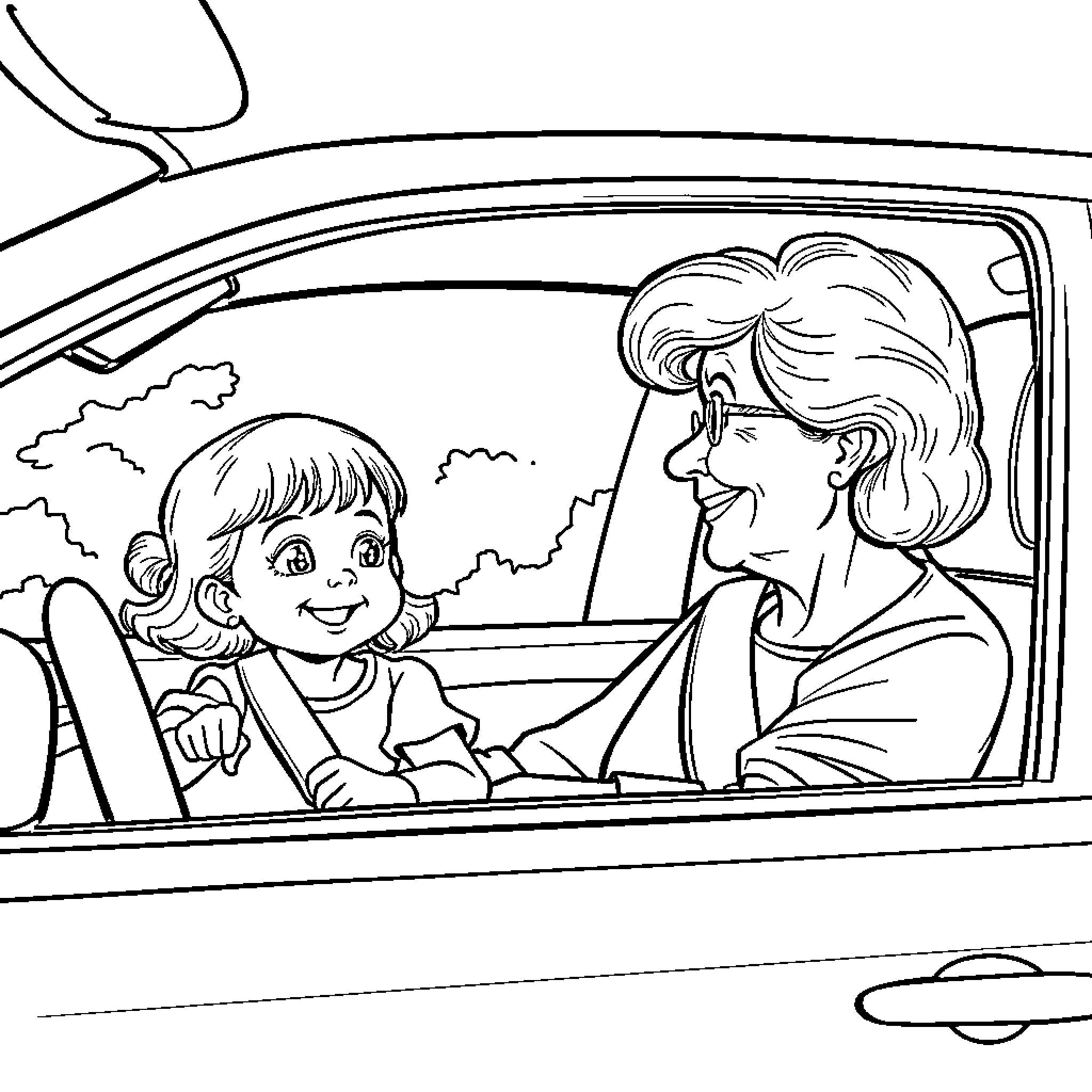 Car ride with happy family members Coloring Page (free black-and-white line drawing printable PDF for all, from beginners to advanced learners, including children, teens, adults, and seniors)