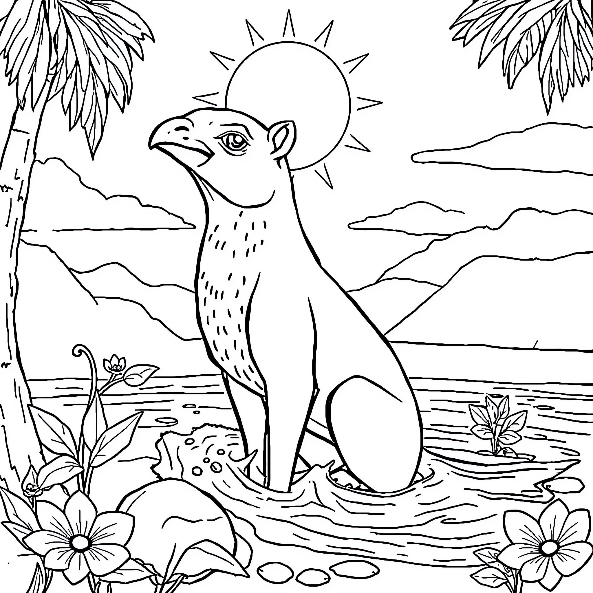 Capybara enjoying a sunny day in tropical nature Coloring Page (free black-and-white line drawing printable PDF for all, from beginners to advanced learners, including children, teens, adults, and seniors)