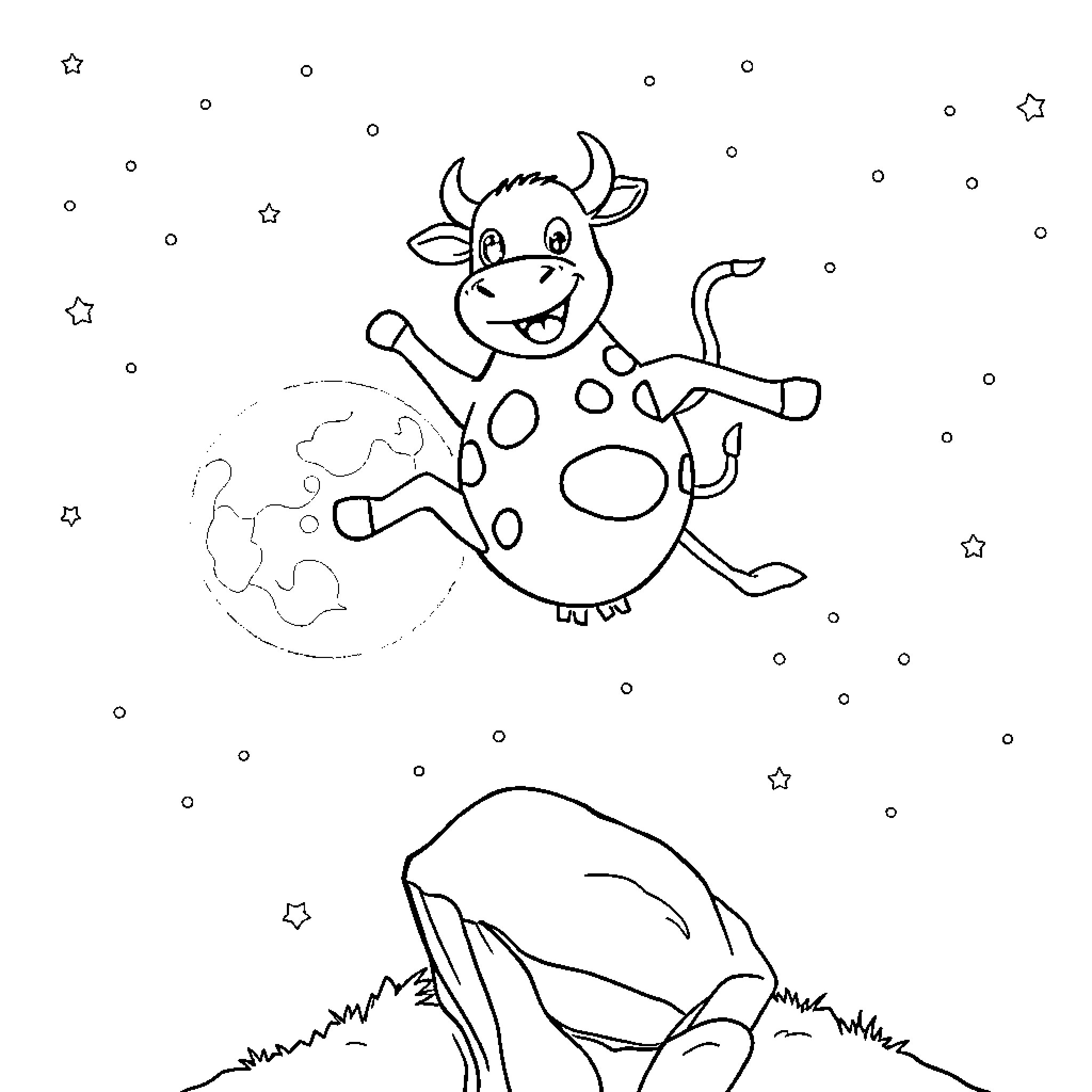 Cow playing happily in the night sky Coloring Page (free black-and-white line drawing printable PDF for all, from beginners to advanced learners, including children, teens, adults, and seniors)