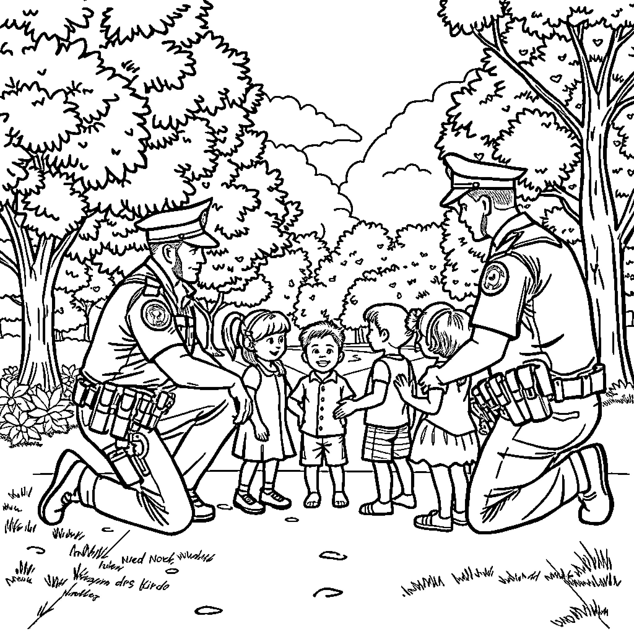 Police Officers Interacting with Children in the Park Coloring Page (free black-and-white line drawing printable PDF for all, from beginners to advanced learners, including children, teens, adults, and seniors)