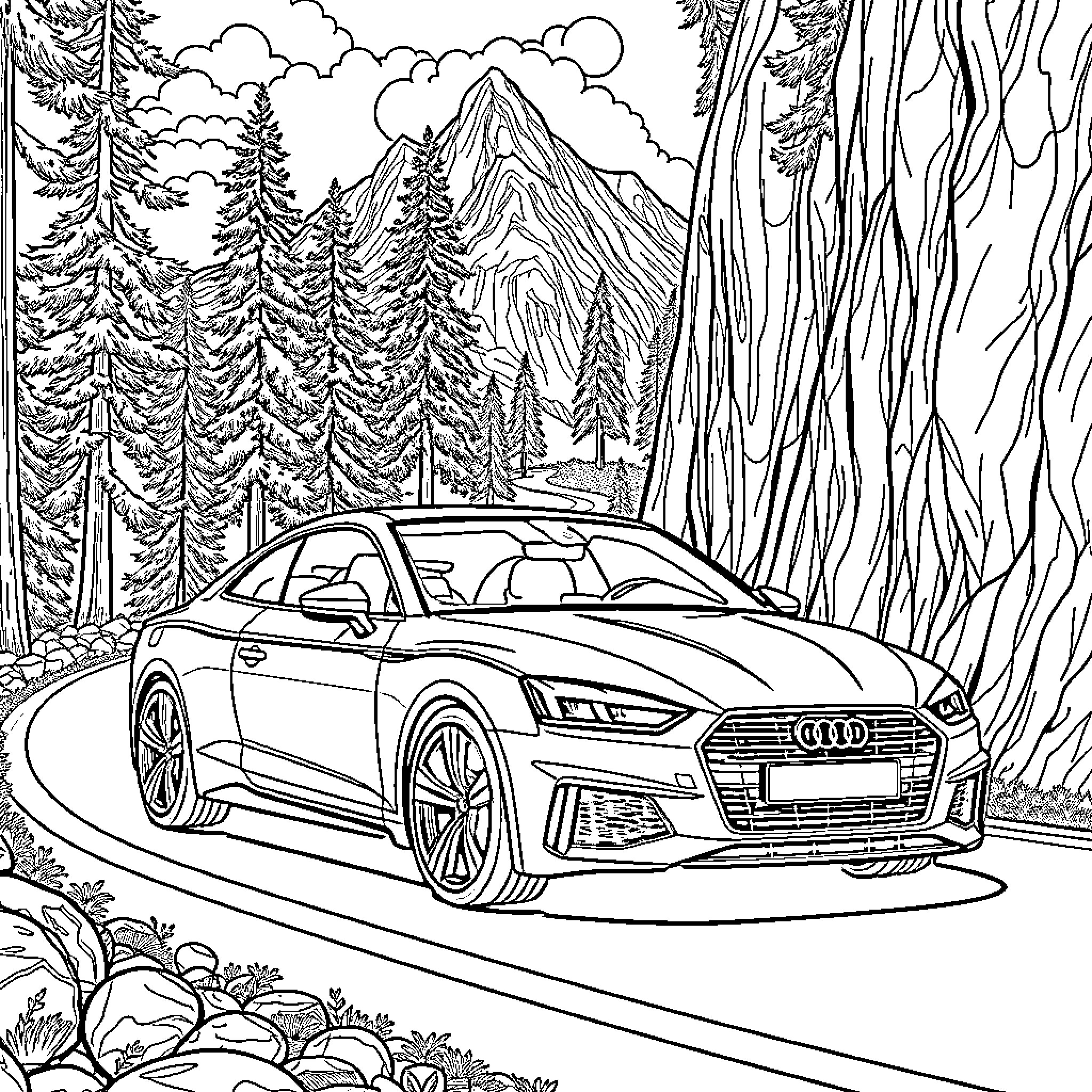 Audi sports car in a scenic mountain landscape Coloring Page (free black-and-white line drawing printable PDF for all, from beginners to advanced learners, including children, teens, adults, and seniors)