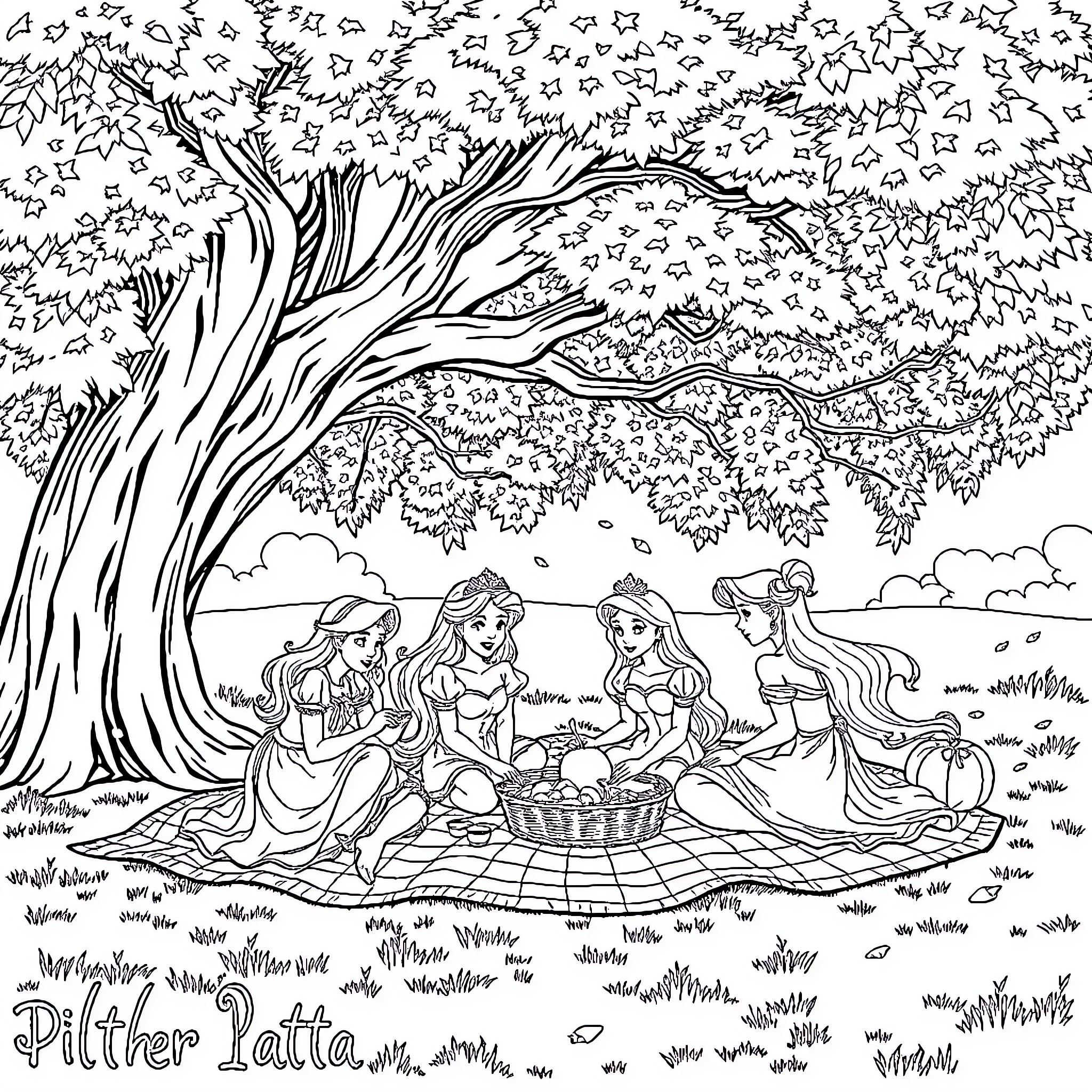Princess Picnic Party in the Enchanted Forest Coloring Page (free black-and-white line drawing printable PDF for all, from beginners to advanced learners, including children, teens, adults, and seniors)