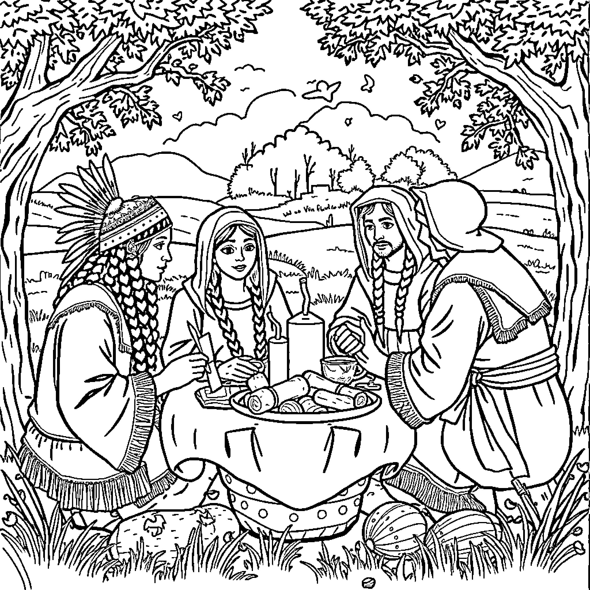 Native American Families Sharing a Meal in Nature Coloring Page (free black-and-white line drawing printable PDF for all, from beginners to advanced learners, including children, teens, adults, and seniors)