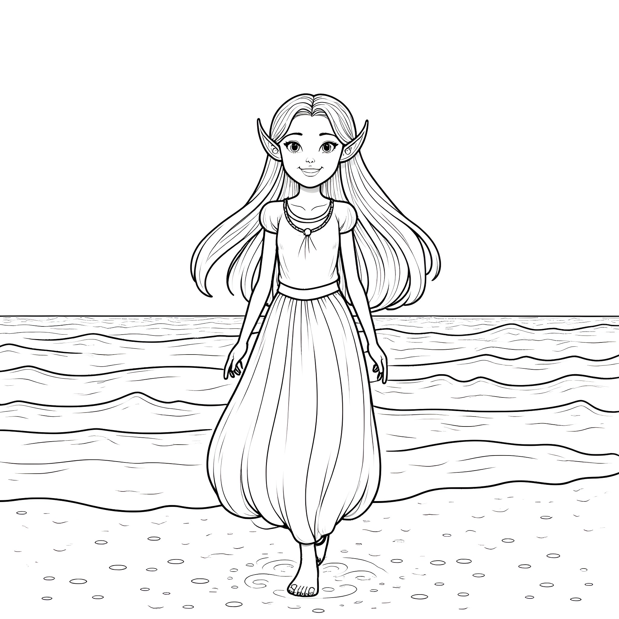 Elven Girl Exploring the Serene Seaside Coloring Page (free black-and-white line drawing printable PDF for all, from beginners to advanced learners, including children, teens, adults, and seniors)