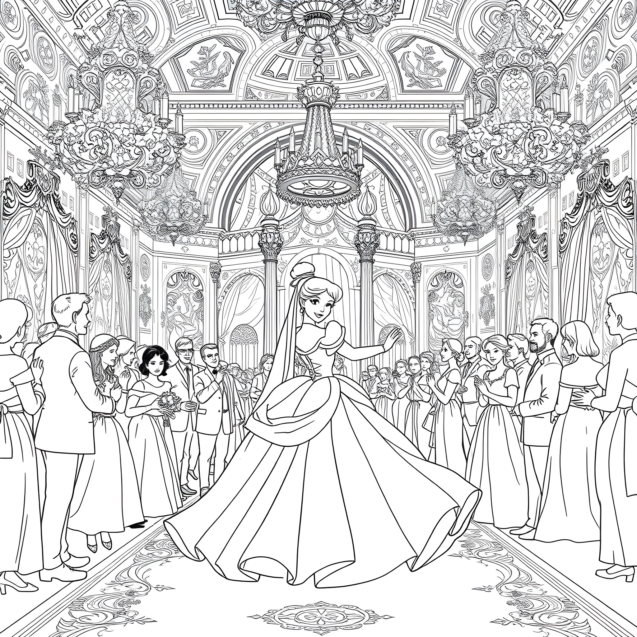Cinderella's Enchanting Ballroom Dance Coloring Page (free black-and-white line drawing printable PDF for all, from beginners to advanced learners, including children, teens, adults, and seniors)