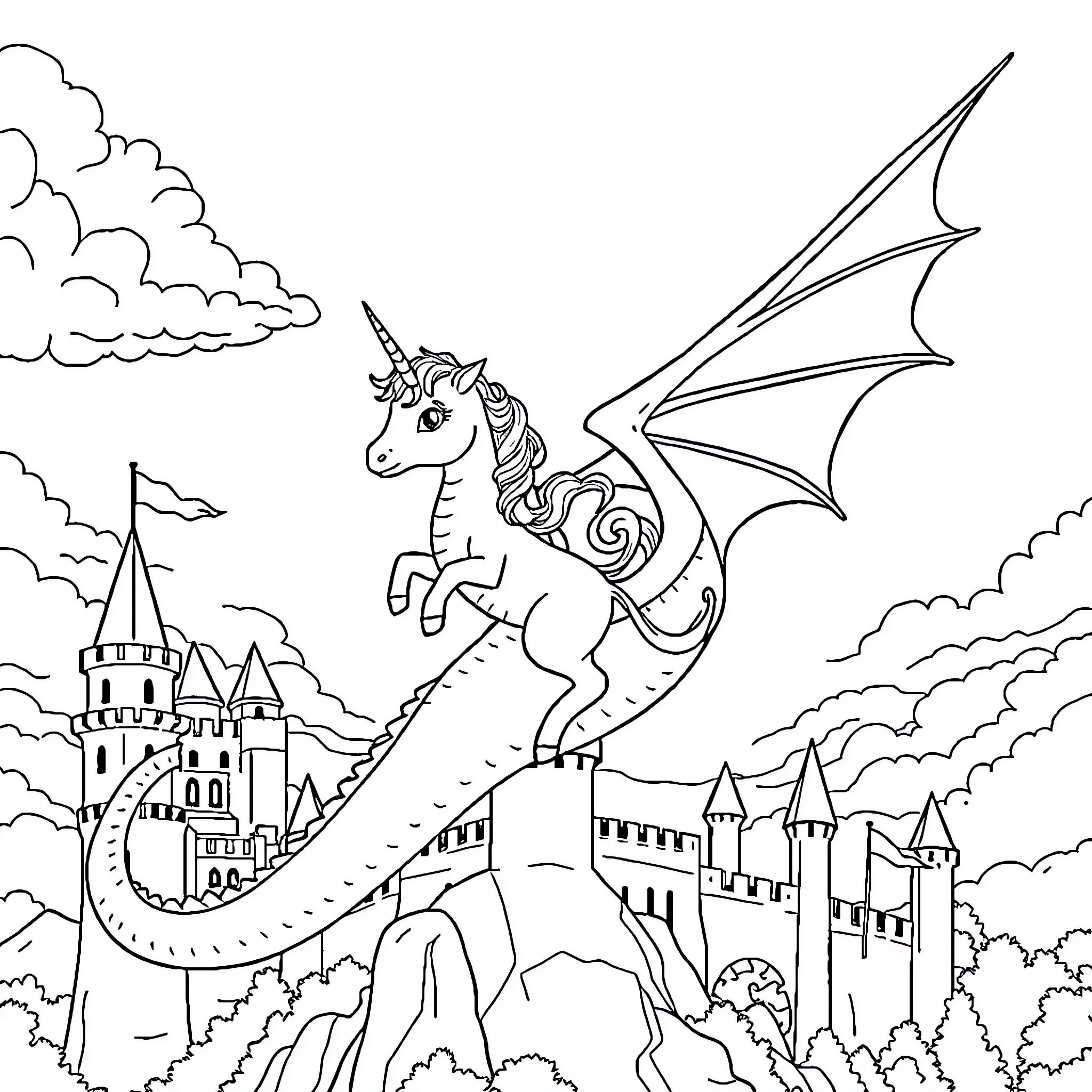 Unicorn Dragon Soaring Over Fantasy Castle Coloring Page (free black-and-white line drawing printable PDF for all, from beginners to advanced learners, including children, teens, adults, and seniors)