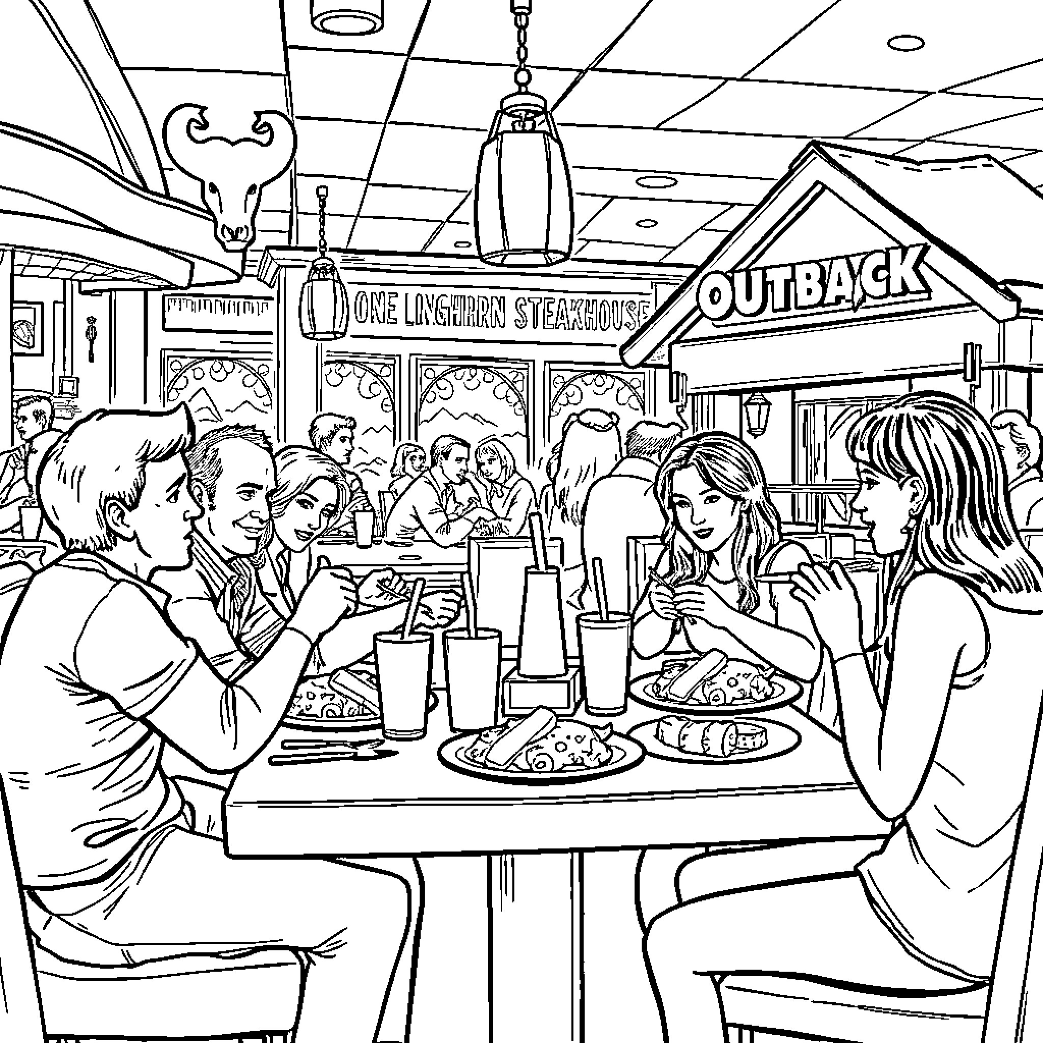 Steakhouse Diners Enjoying Hearty Meals and Lively Atmosphere Coloring Page (free black-and-white line drawing printable PDF for all, from beginners to advanced learners, including children, teens, adults, and seniors)