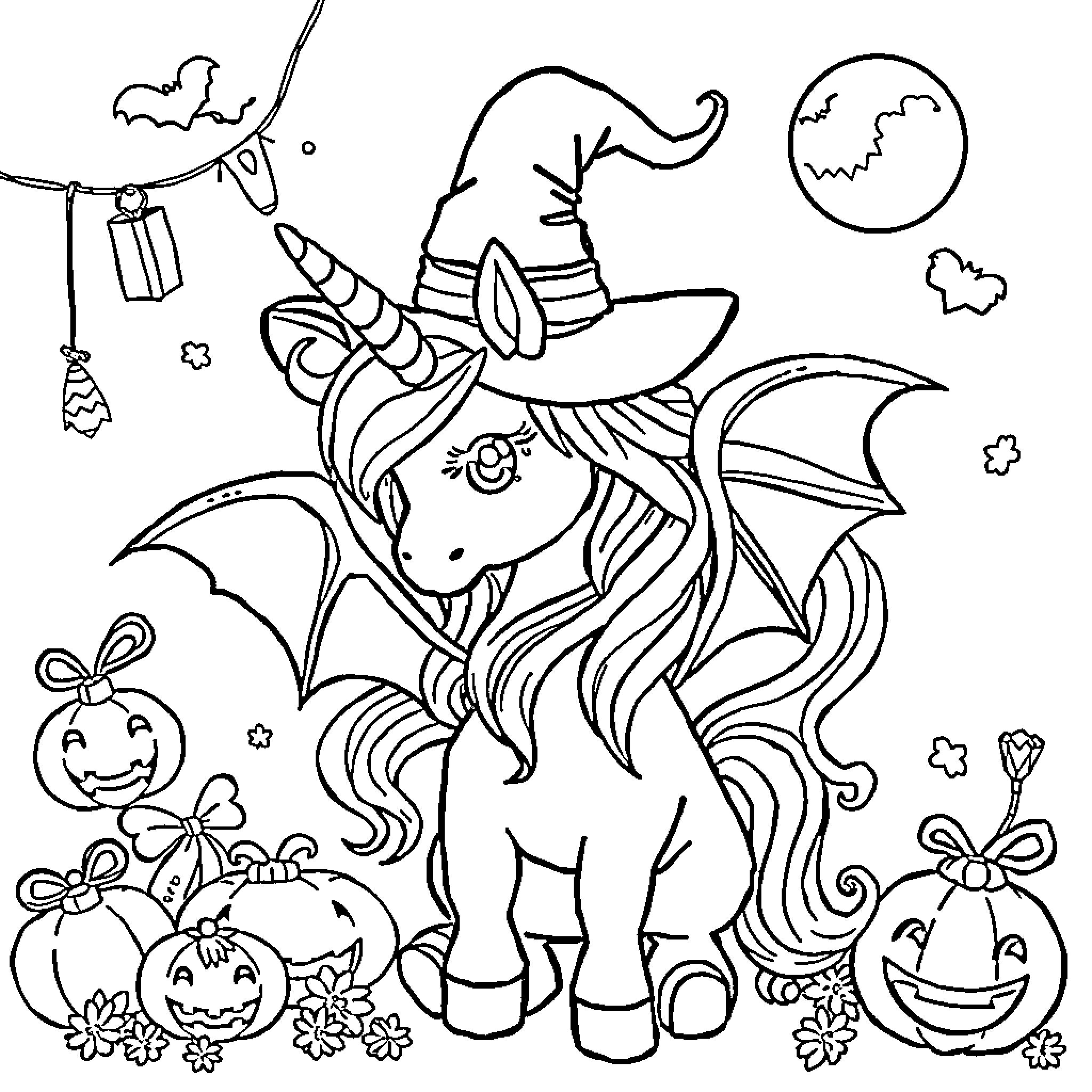 Unicorn Witch in Spooky Halloween Scene Coloring Page (free black-and-white line drawing printable PDF for all, from beginners to advanced learners, including children, teens, adults, and seniors)