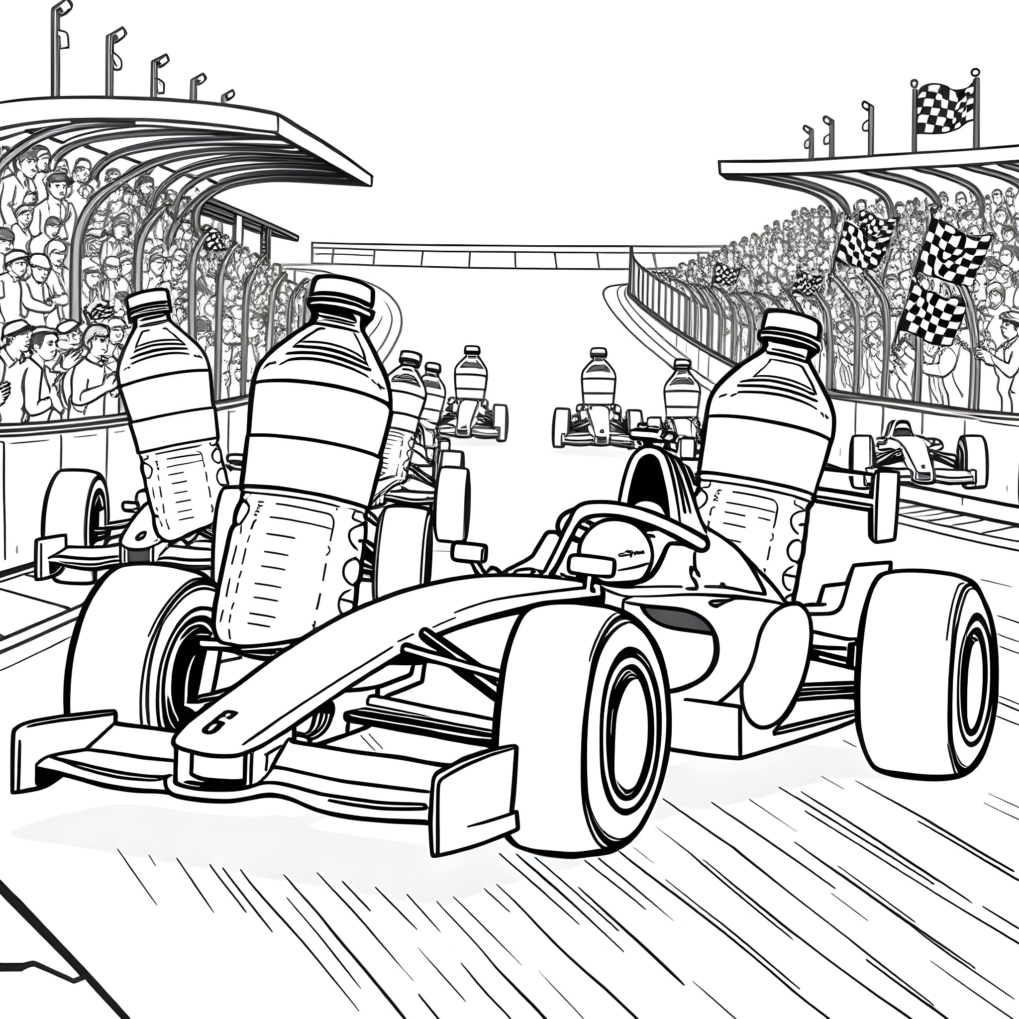 Water Bottle Racing Championship Coloring Page (free black-and-white line drawing printable PDF for all, from beginners to advanced learners, including children, teens, adults, and seniors)