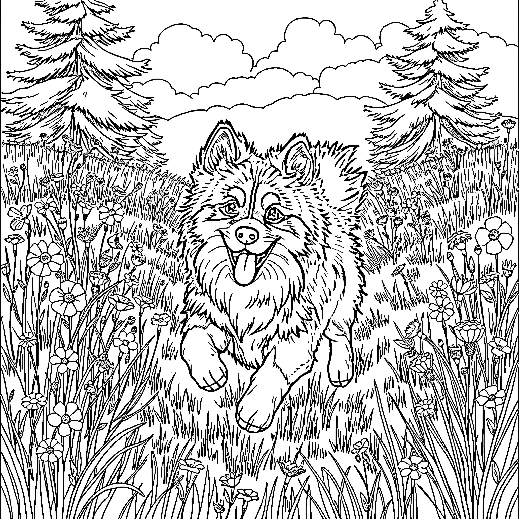 Finnish Lapphund exploring the lush forest Coloring Page (free black-and-white line drawing printable PDF for all, from beginners to advanced learners, including children, teens, adults, and seniors)