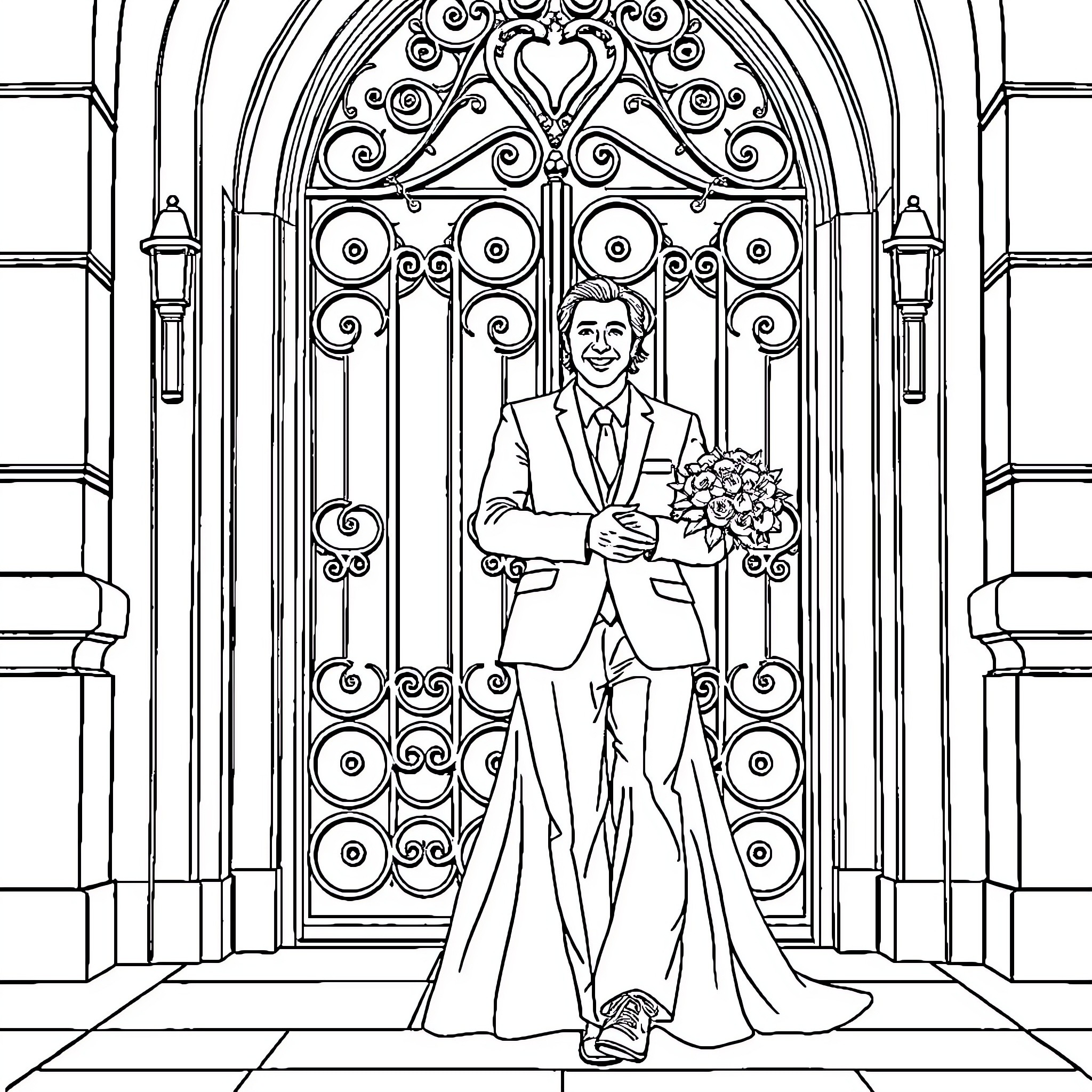 Bride and Groom in a Formal Ceremony Coloring Page (free black-and-white line drawing printable PDF for all, from beginners to advanced learners, including children, teens, adults, and seniors)