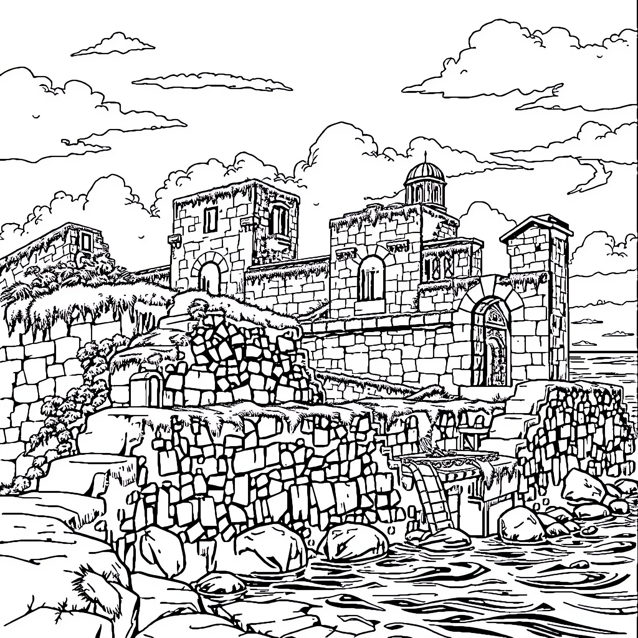 Panamá la Vieja: Historic Ruins Amid Dramatic Cloudscape Coloring Page (free black-and-white line drawing printable PDF for all, from beginners to advanced learners, including children, teens, adults, and seniors)
