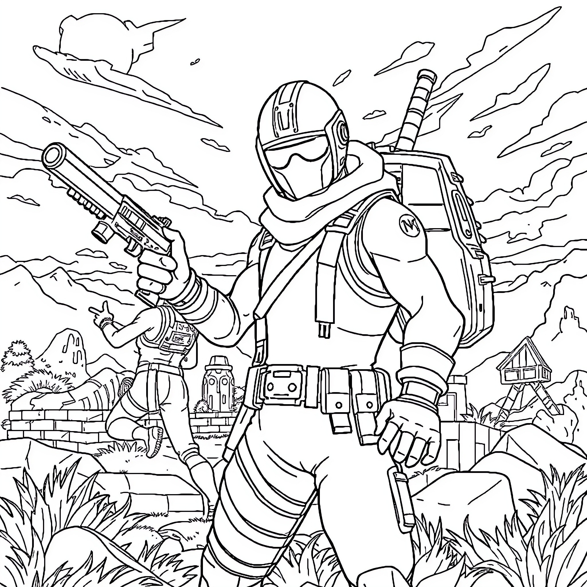 Fortnite Battle Royale Scene with Armed Character Coloring Page (free black-and-white line drawing printable PDF for all, from beginners to advanced learners, including children, teens, adults, and seniors)