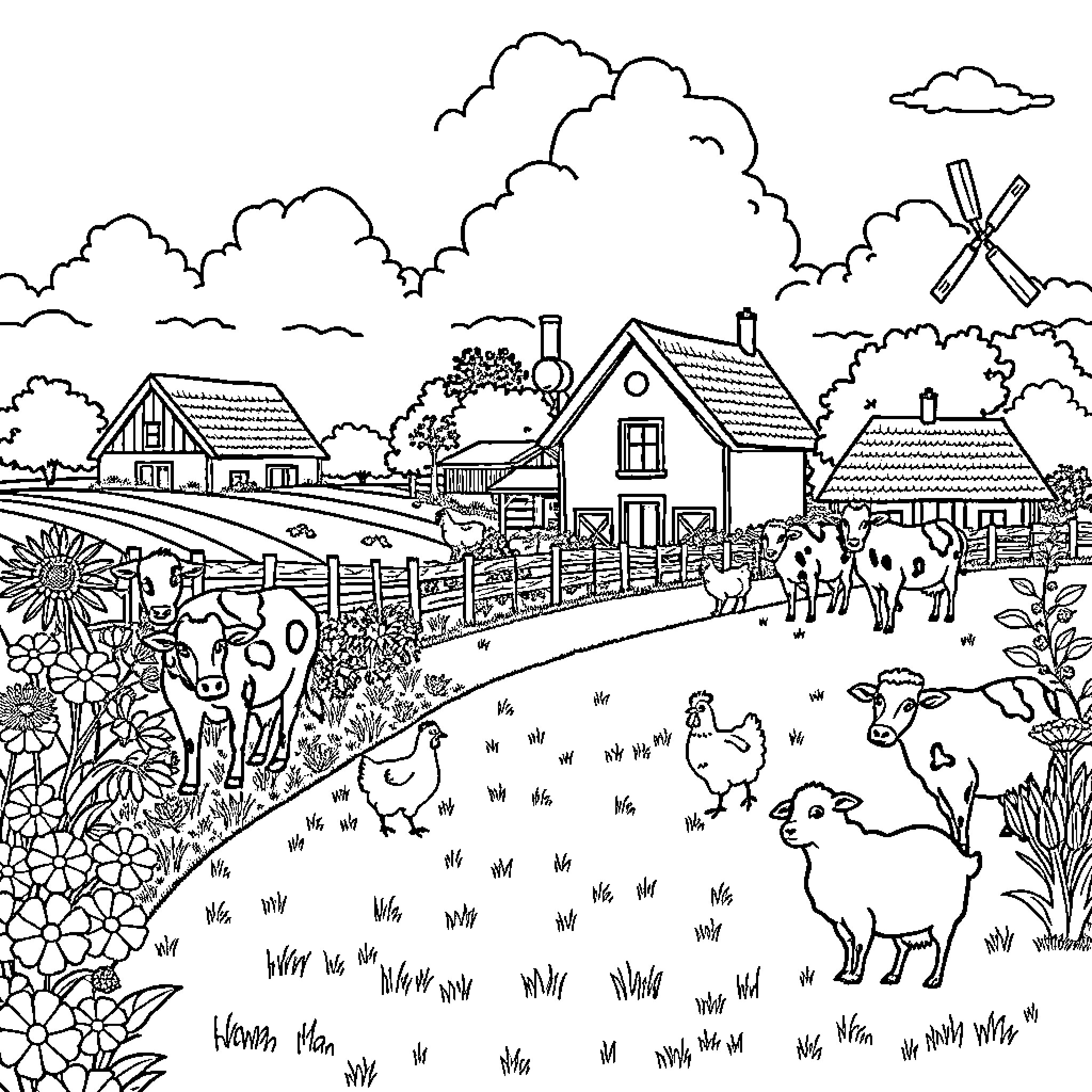 Farm animals and rural scenery Coloring Page (free black-and-white line drawing printable PDF for all, from beginners to advanced learners, including children, teens, adults, and seniors)