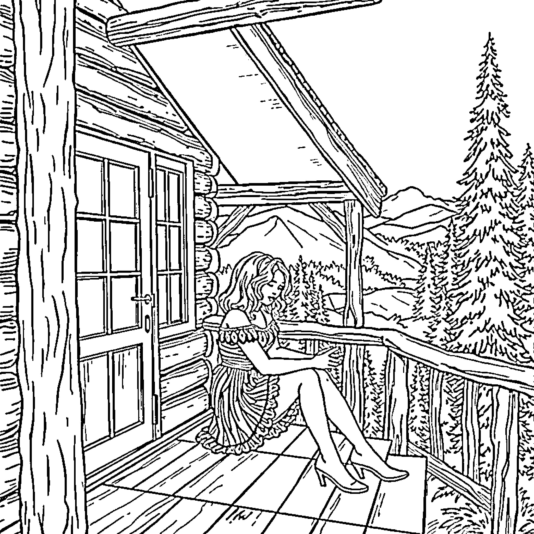 Taylor Swift relaxing on a cabin porch with scenic mountains Coloring Page (free black-and-white line drawing printable PDF for all, from beginners to advanced learners, including children, teens, adults, and seniors)