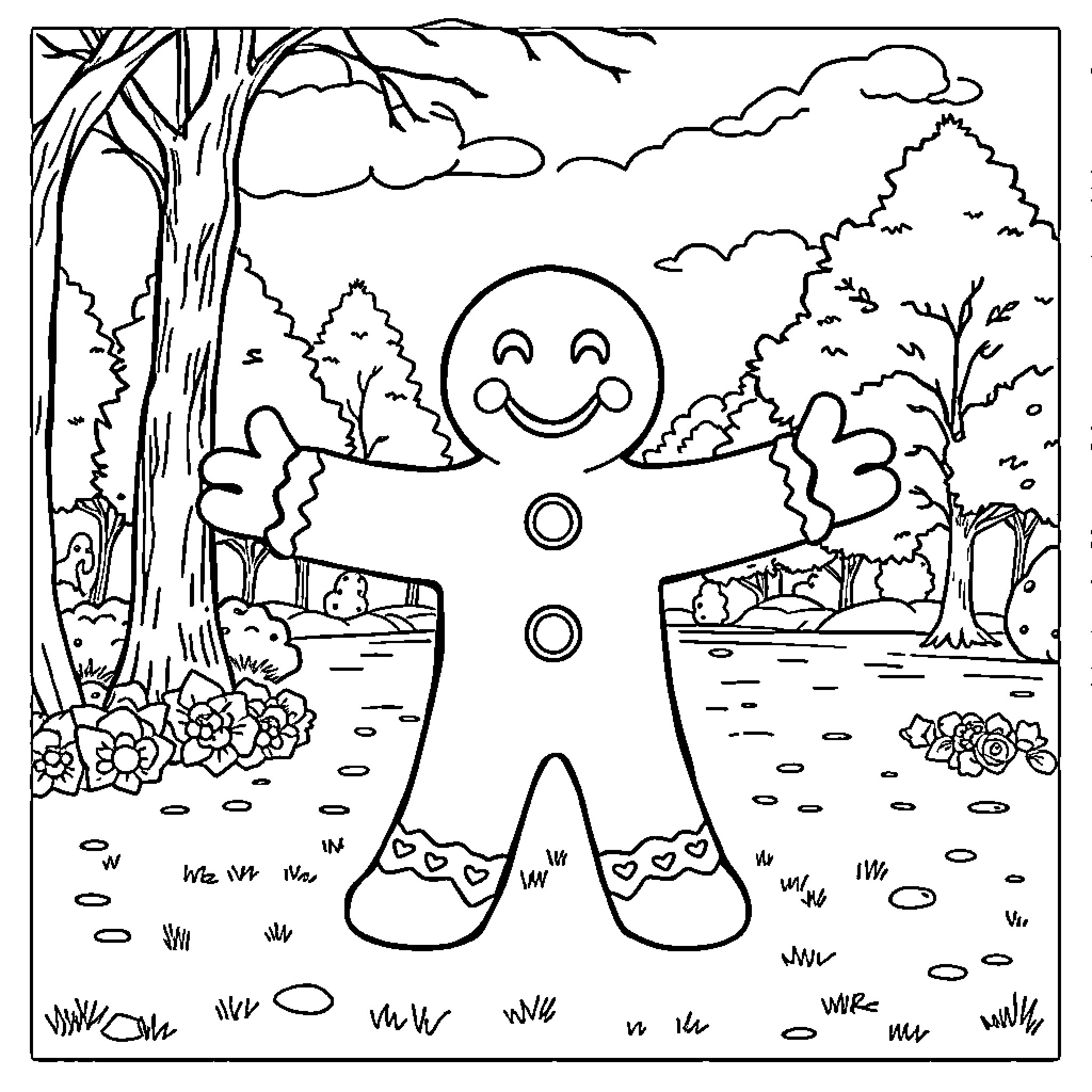 Gingerbread Man happily walking in the forest Coloring Page (free black-and-white line drawing printable PDF for all, from beginners to advanced learners, including children, teens, adults, and seniors)