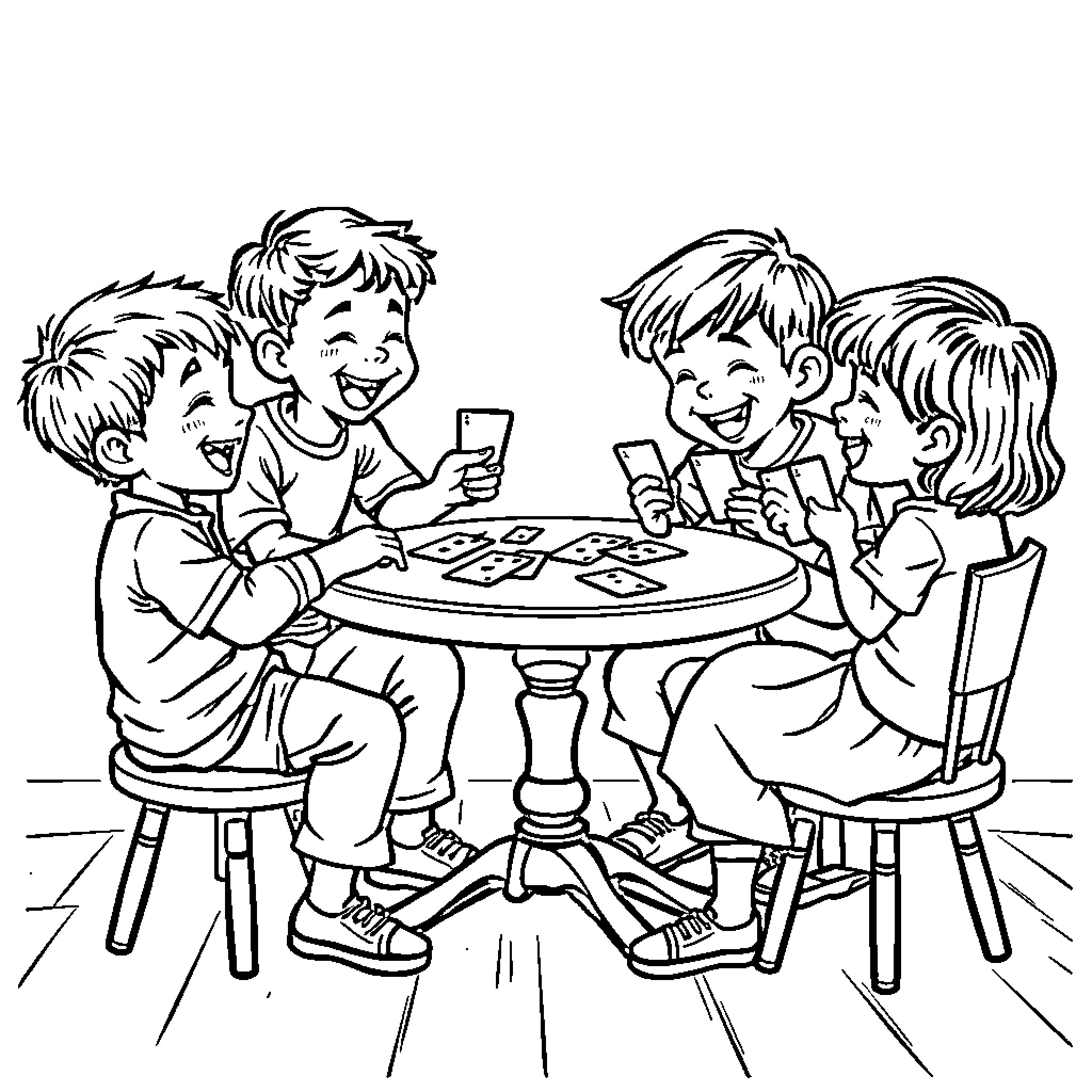 Child Friends Enjoying Board Game Together Coloring Page (free black-and-white line drawing printable PDF for all, from beginners to advanced learners, including children, teens, adults, and seniors)