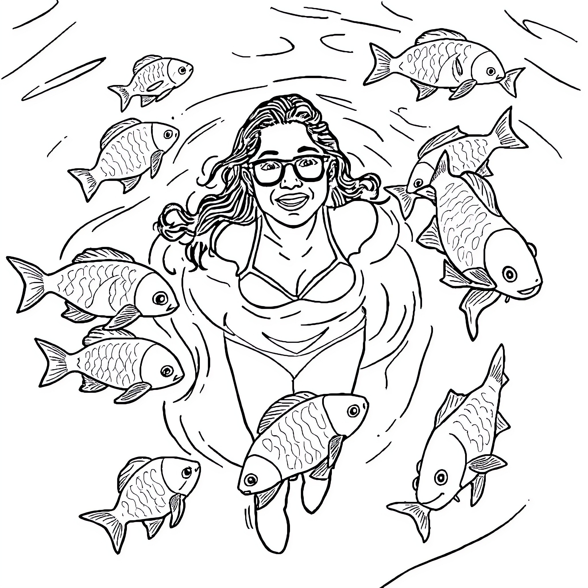 Janice Quinones swimming happily with playful fish Coloring Page (free black-and-white line drawing printable PDF for all, from beginners to advanced learners, including children, teens, adults, and seniors)