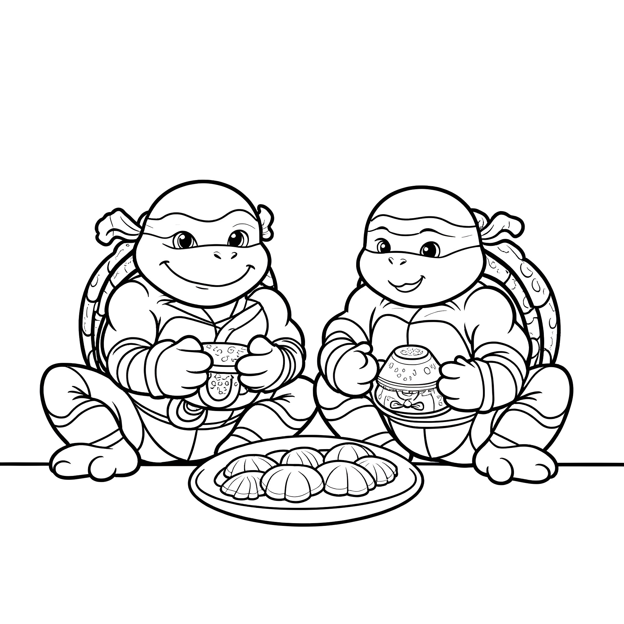 Ninja Turtles enjoying a pizza party Coloring Page (free black-and-white line drawing printable PDF for all, from beginners to advanced learners, including children, teens, adults, and seniors)