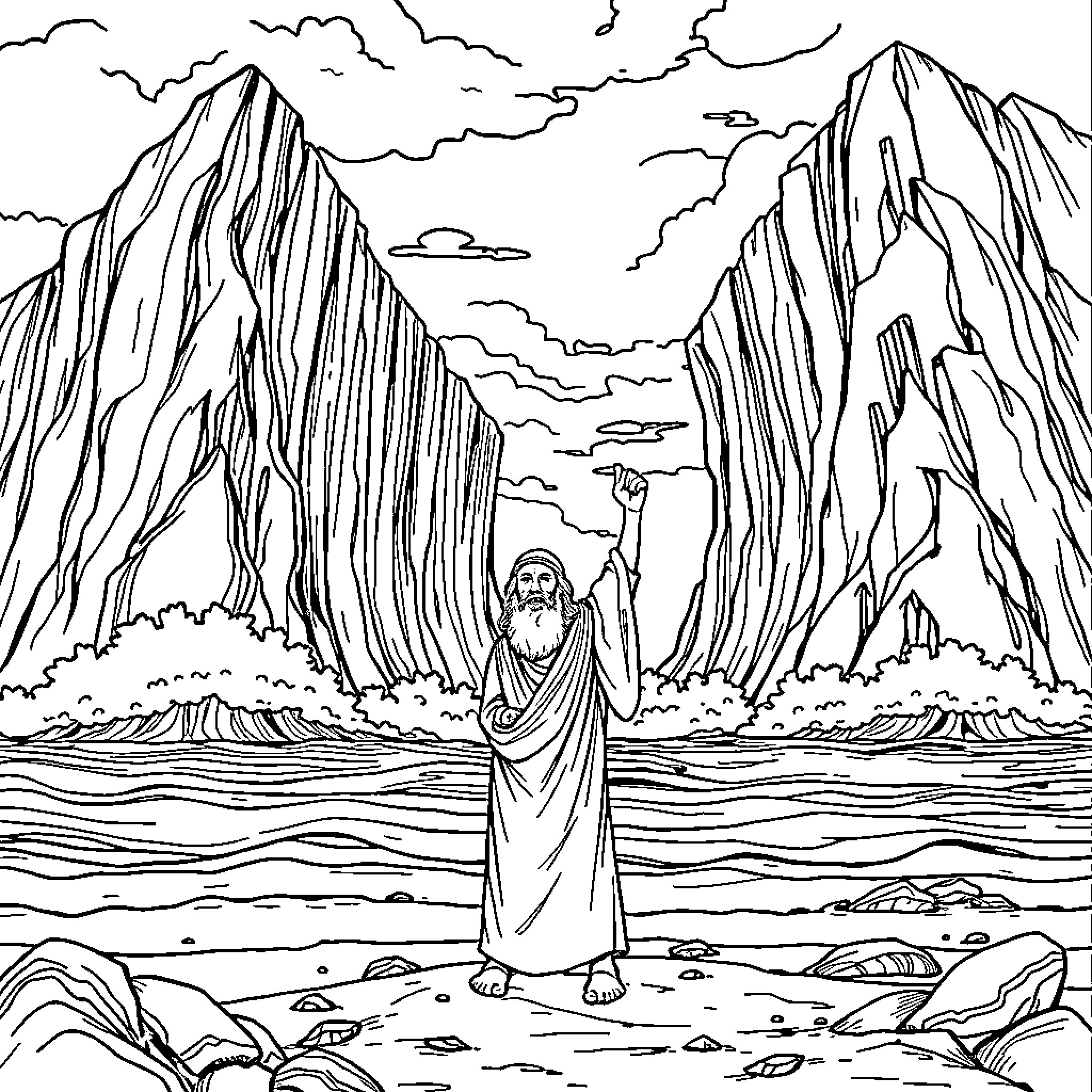 Moses parts the Red Sea with divine power Coloring Page (free black-and-white line drawing printable PDF for all, from beginners to advanced learners, including children, teens, adults, and seniors)