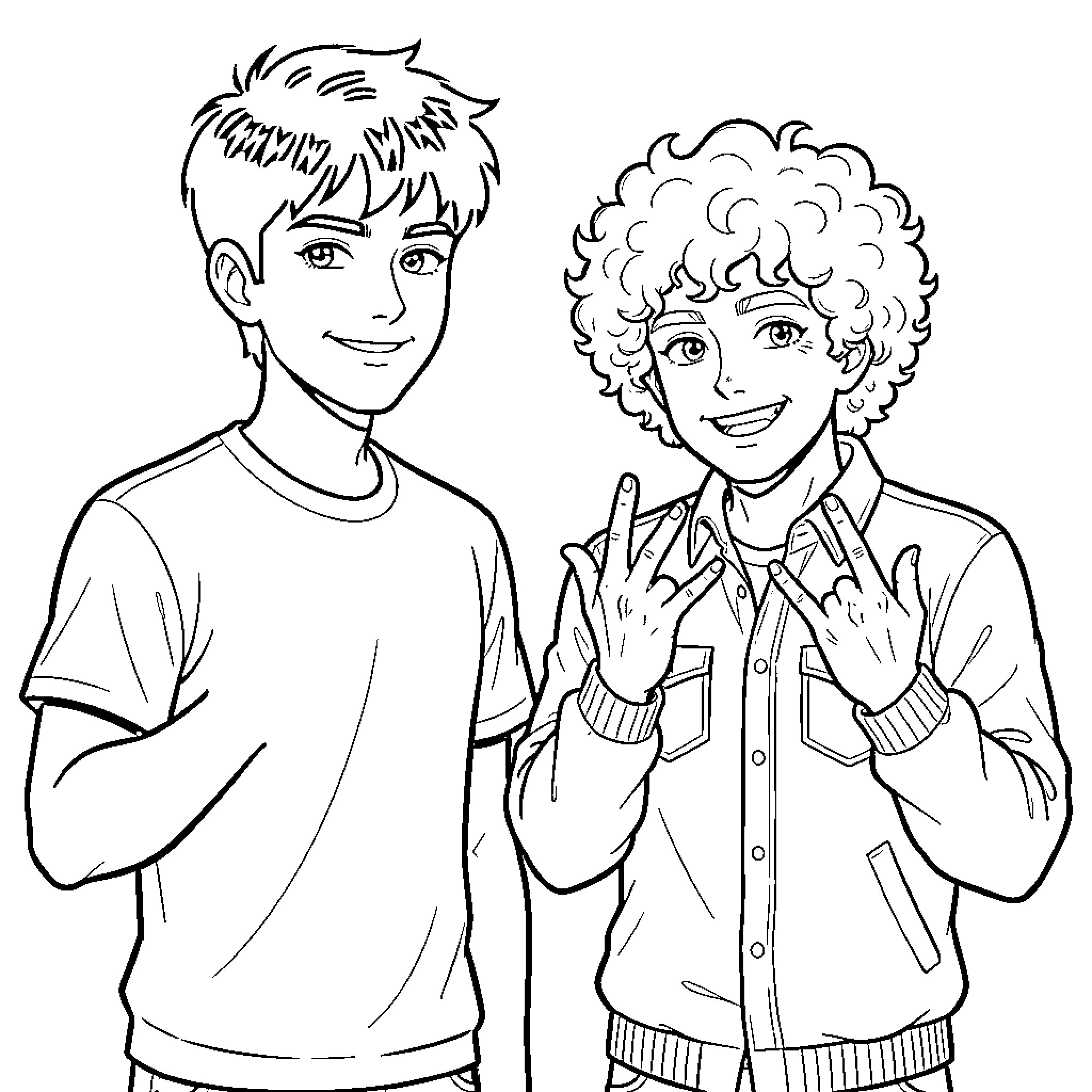 Teenager friends posing together and making hand gestures Coloring Page (free black-and-white line drawing printable PDF for all, from beginners to advanced learners, including children, teens, adults, and seniors)